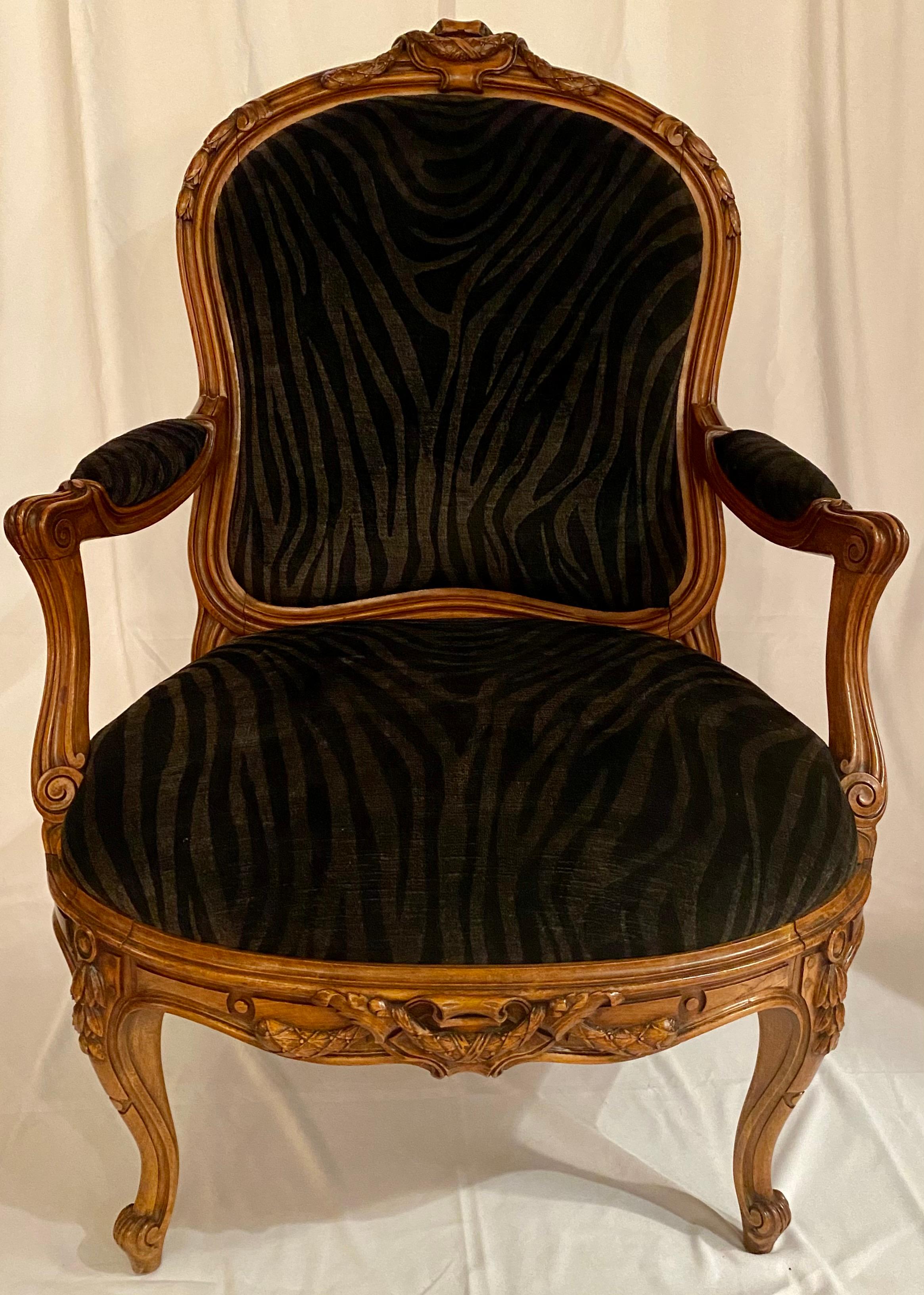 Near pair of antique french carved walnut and fine upholstered armchairs, circa 1890.
FAC121
Greek key chair is 39-1/4