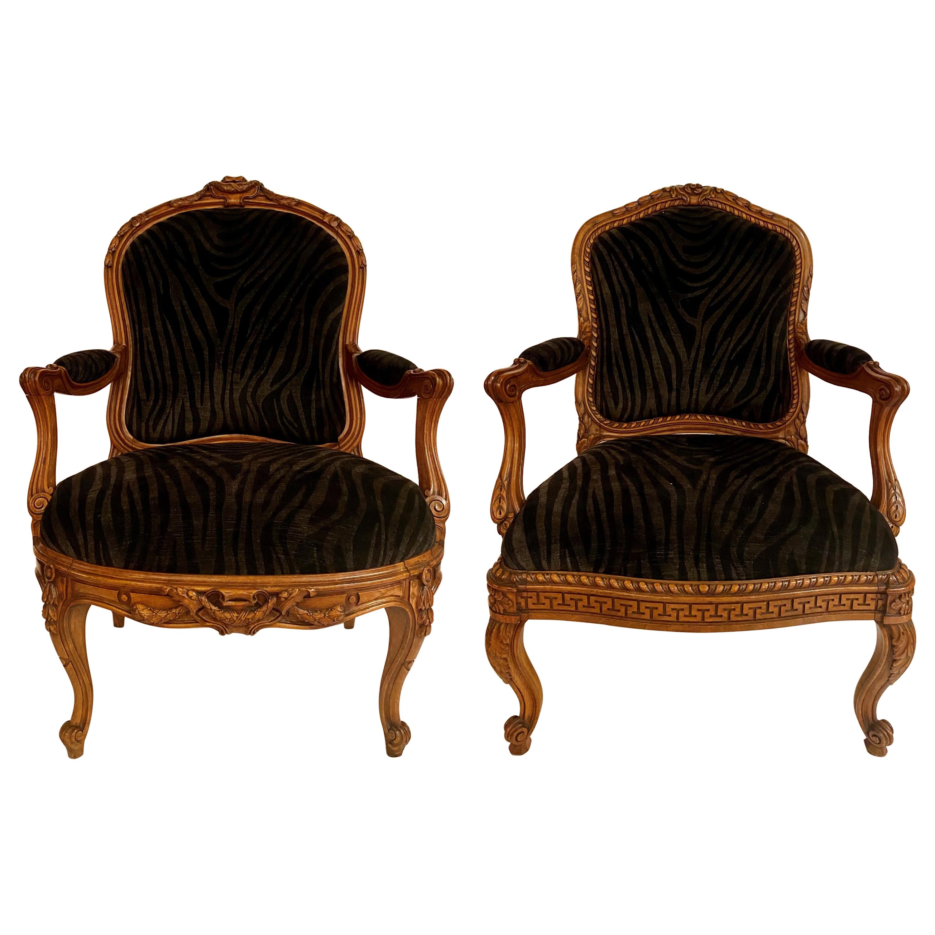 Near Pair of Antique French Carved Walnut Armchairs, circa 1890