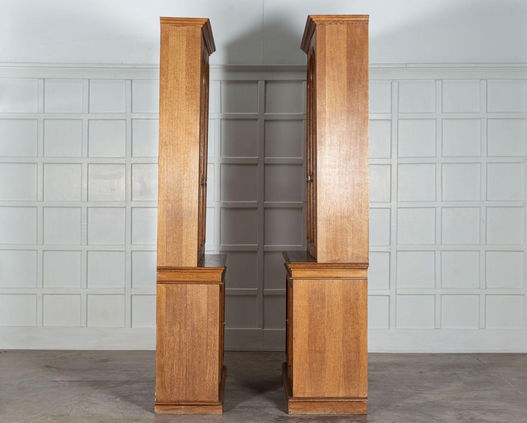 Near Pair Arched Oak Glazed Apothecary Cabinets In Good Condition For Sale In Staffordshire, GB