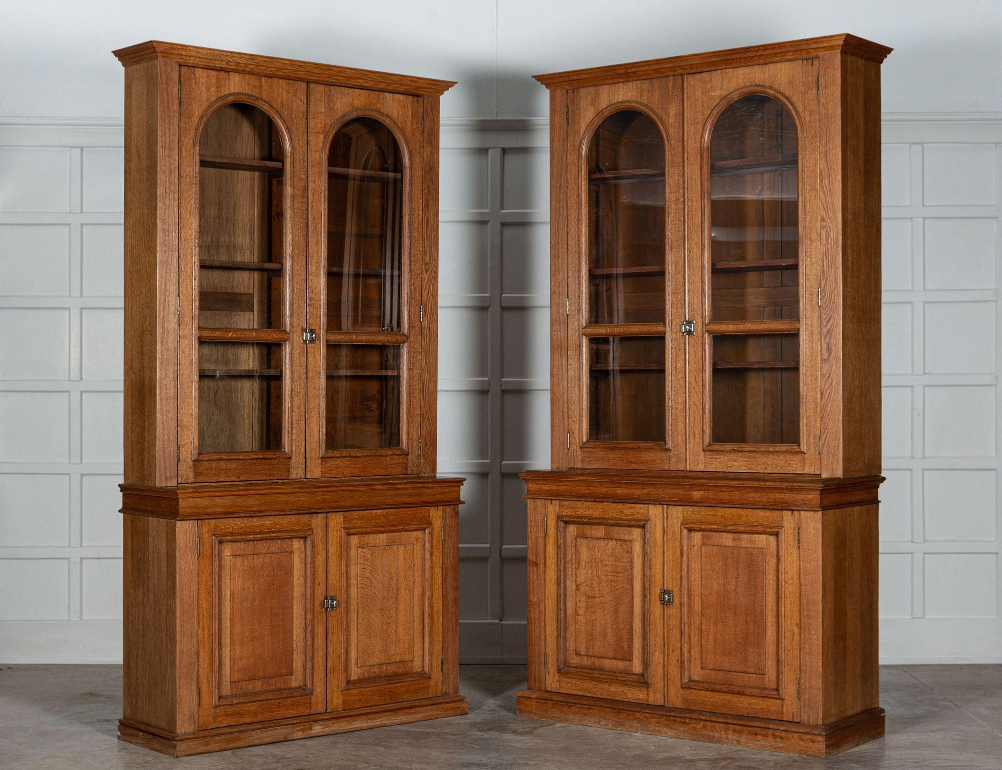 20th Century Near Pair Arched Oak Glazed Apothecary Cabinets For Sale