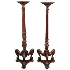 Near Pair, English Carved Mahogany Georgian Fluted Claw Foot Candle Stands