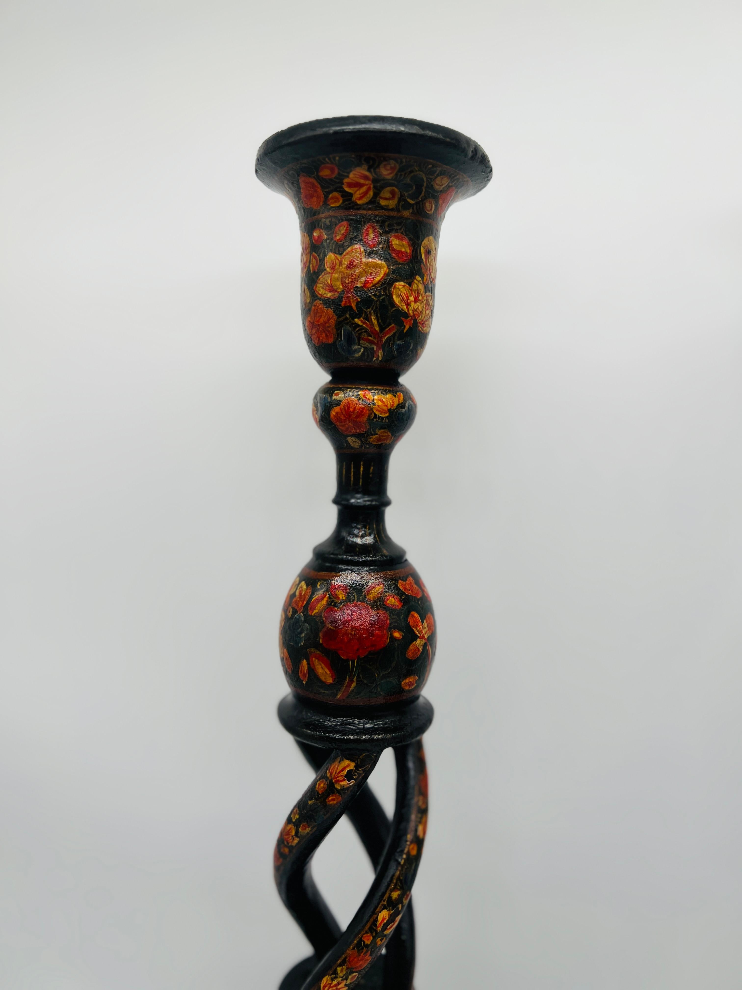 Anglo-Indian Near Pair, Large Antique Kashmiri Paper Mache Candlesticks C. 1900