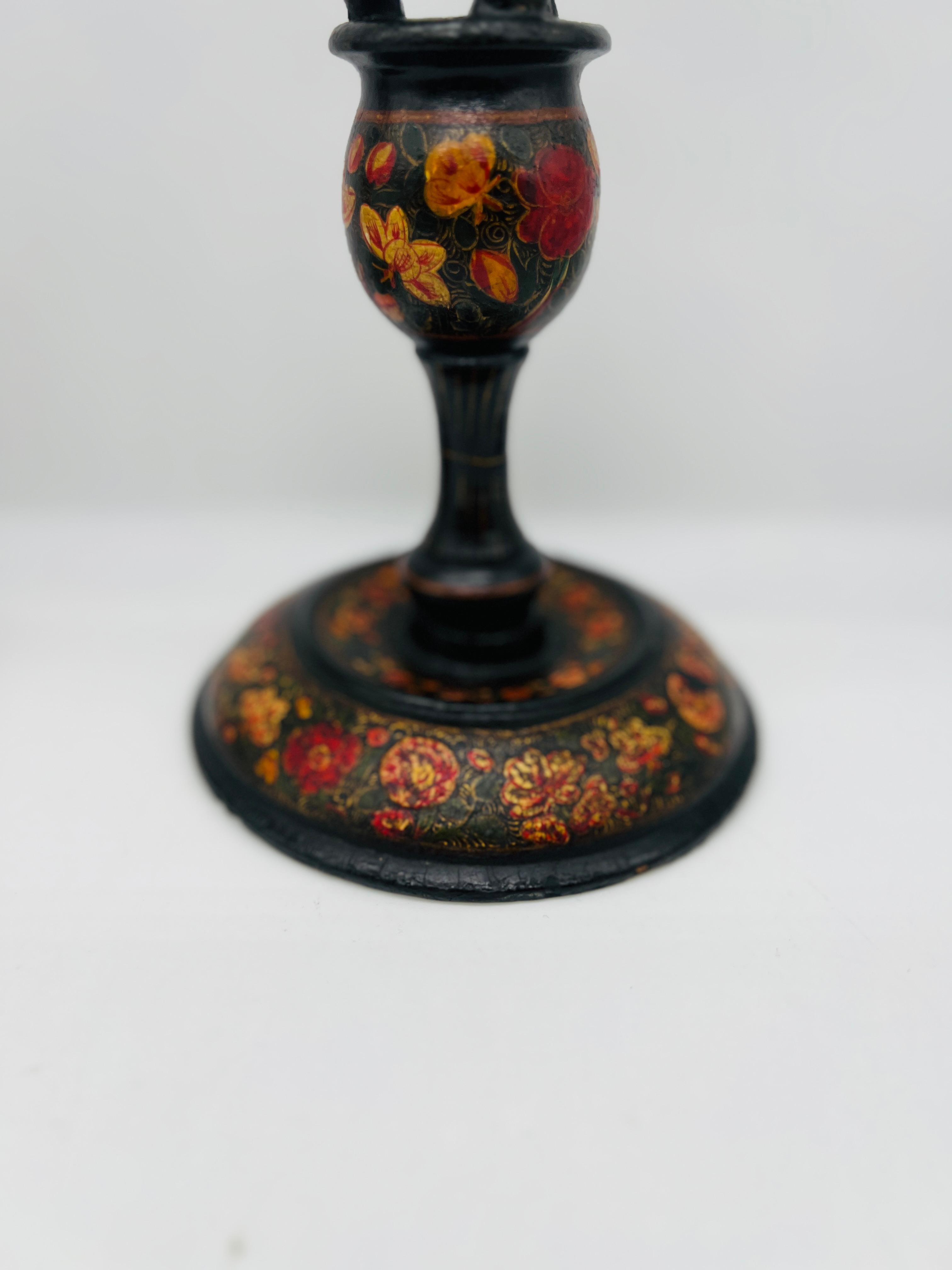 Indian Near Pair, Large Antique Kashmiri Paper Mache Candlesticks C. 1900