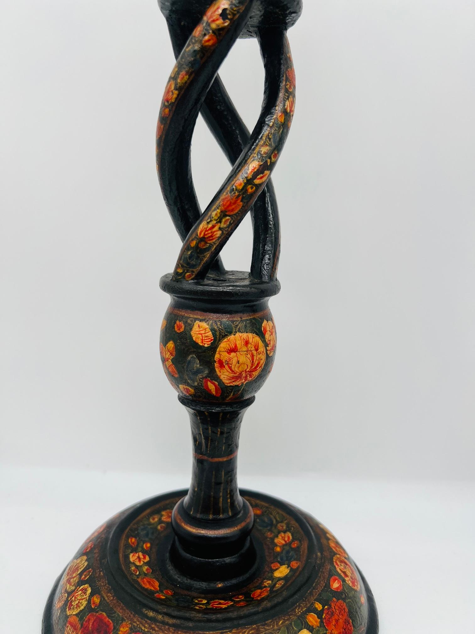 Near Pair, Large Antique Kashmiri Paper Mache Candlesticks C. 1900 In Good Condition In Atlanta, GA