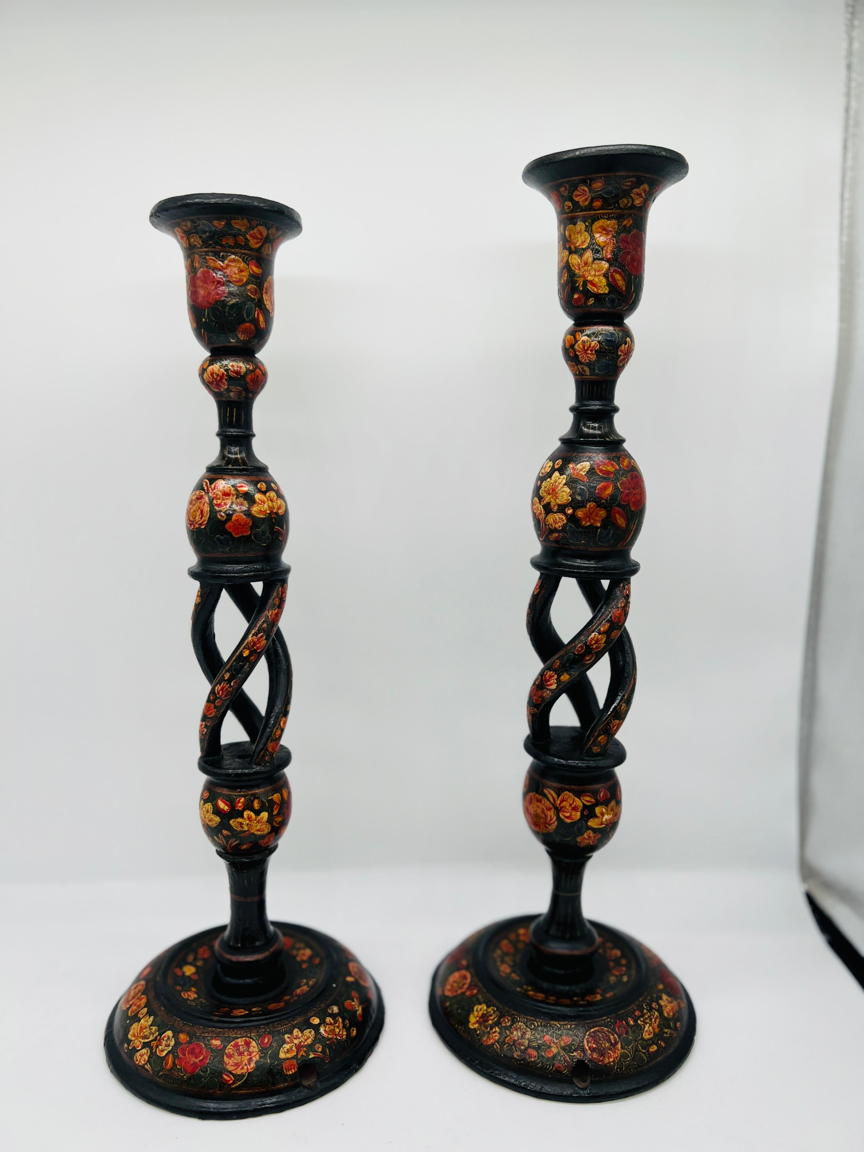 Early 20th Century Near Pair, Large Antique Kashmiri Paper Mache Candlesticks C. 1900