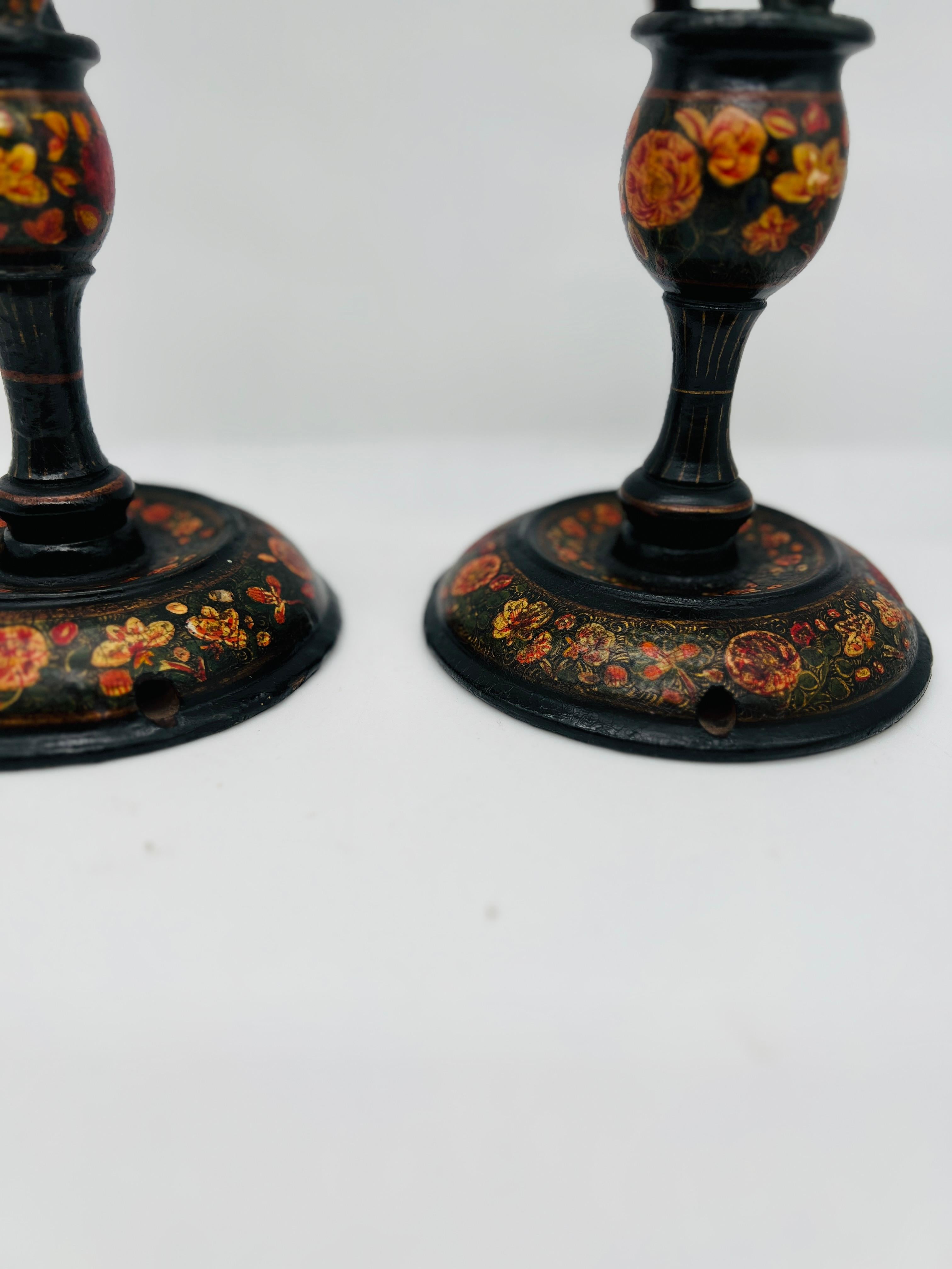 Paint Near Pair, Large Antique Kashmiri Paper Mache Candlesticks C. 1900