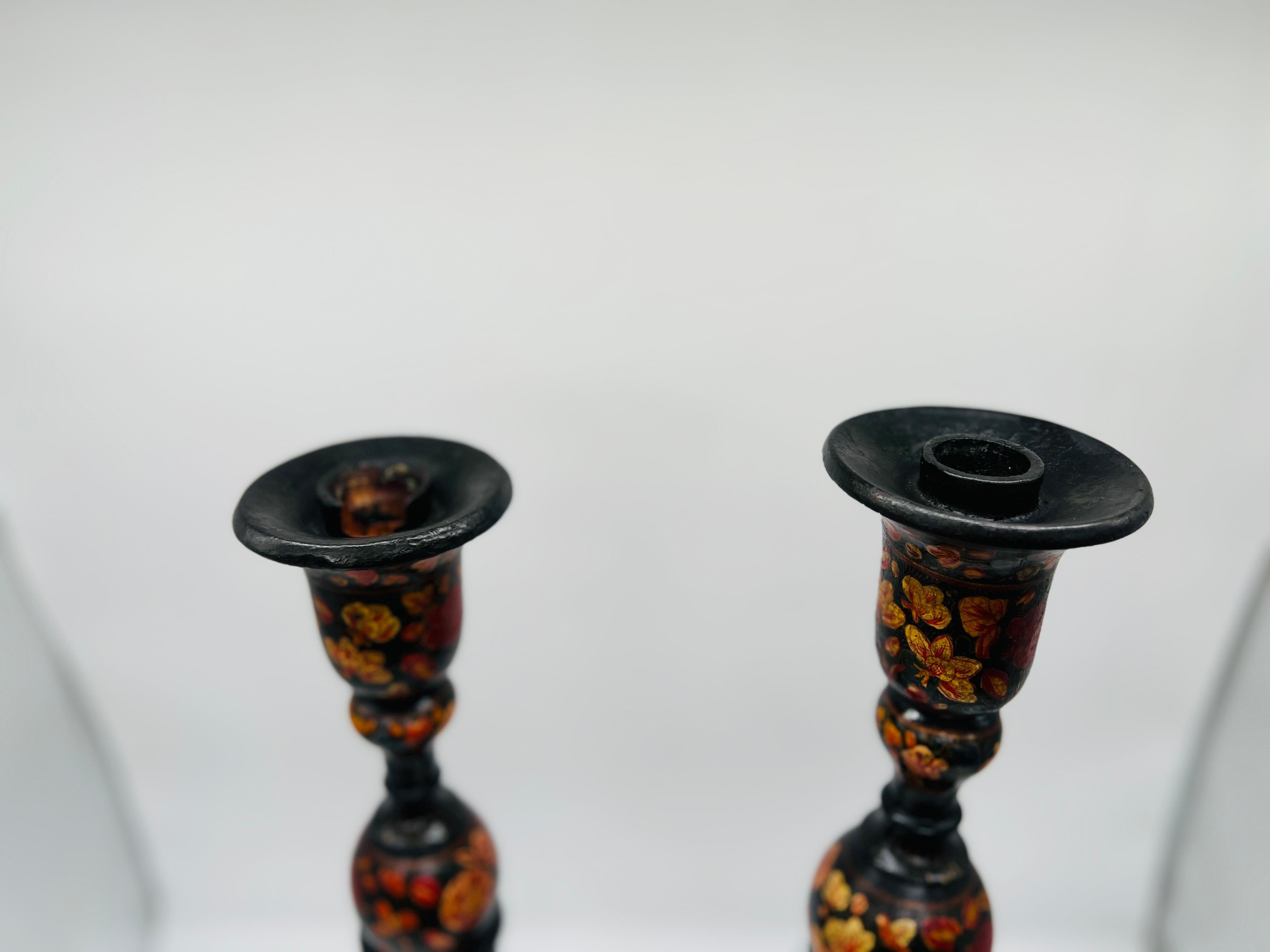 Near Pair, Large Antique Kashmiri Paper Mache Candlesticks C. 1900 1