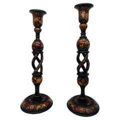 Near Pair, Large Antique Kashmiri Paper Mache Candlesticks C. 1900