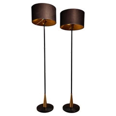 Near Pair Mid-Century Scandinavian Floor Lamps Black  Brass, by Einar Bäckström