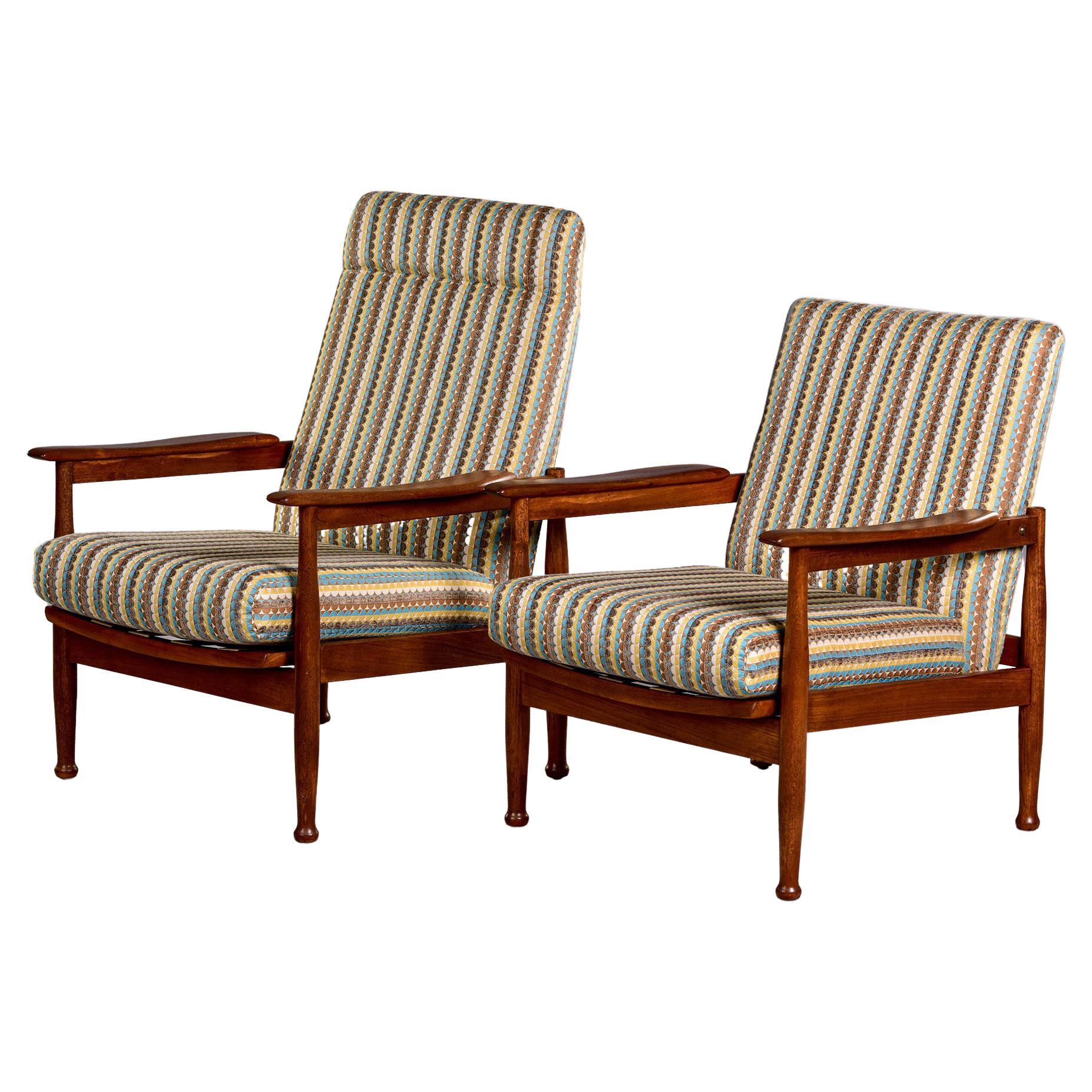 Near Pair Mid Century Scandinavian Reclining Elm Chairs For Sale