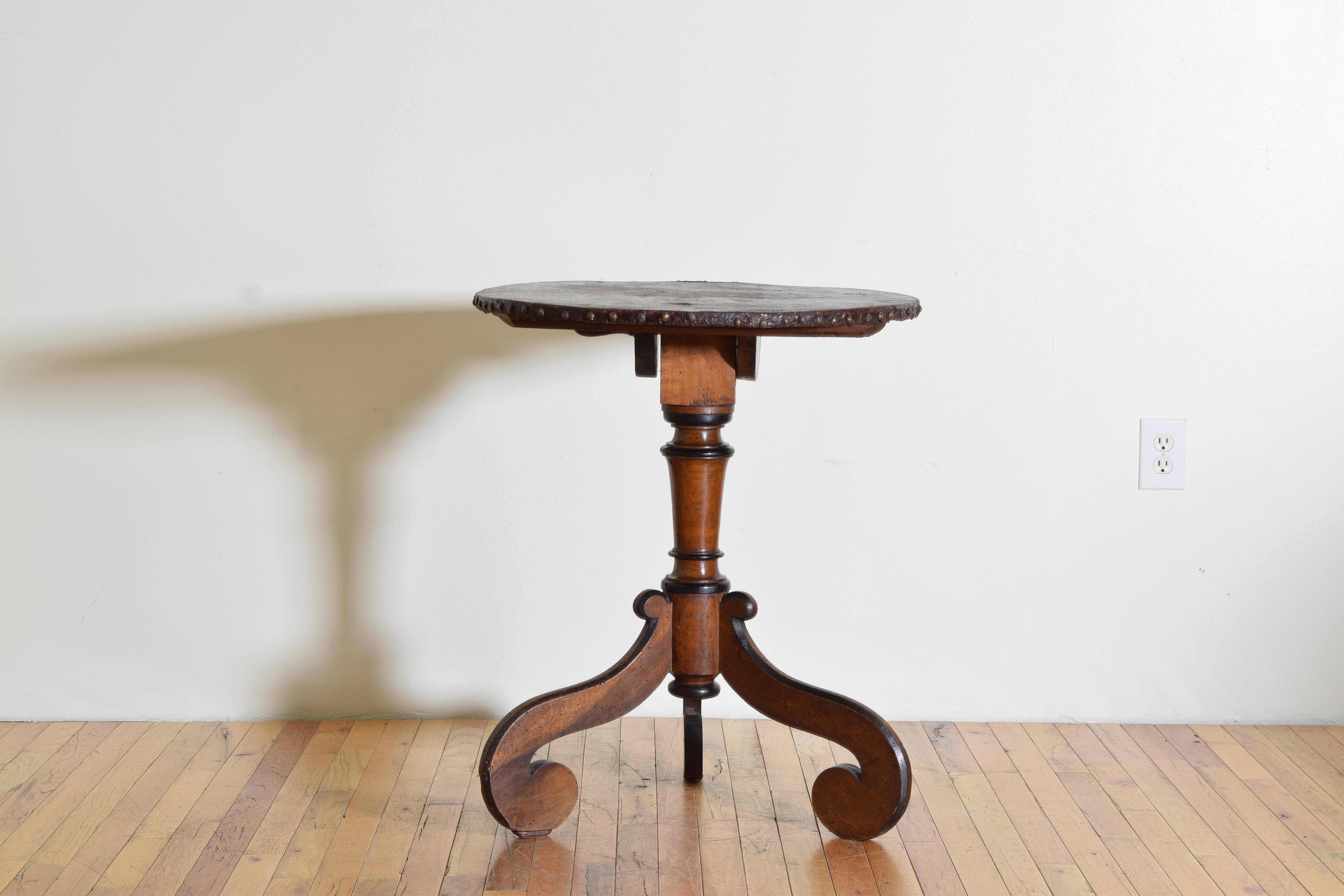 Near Pair Northern Italian LXIV Walnut & Embossed Canvas Tilt-Top Tables, 18cen For Sale 4