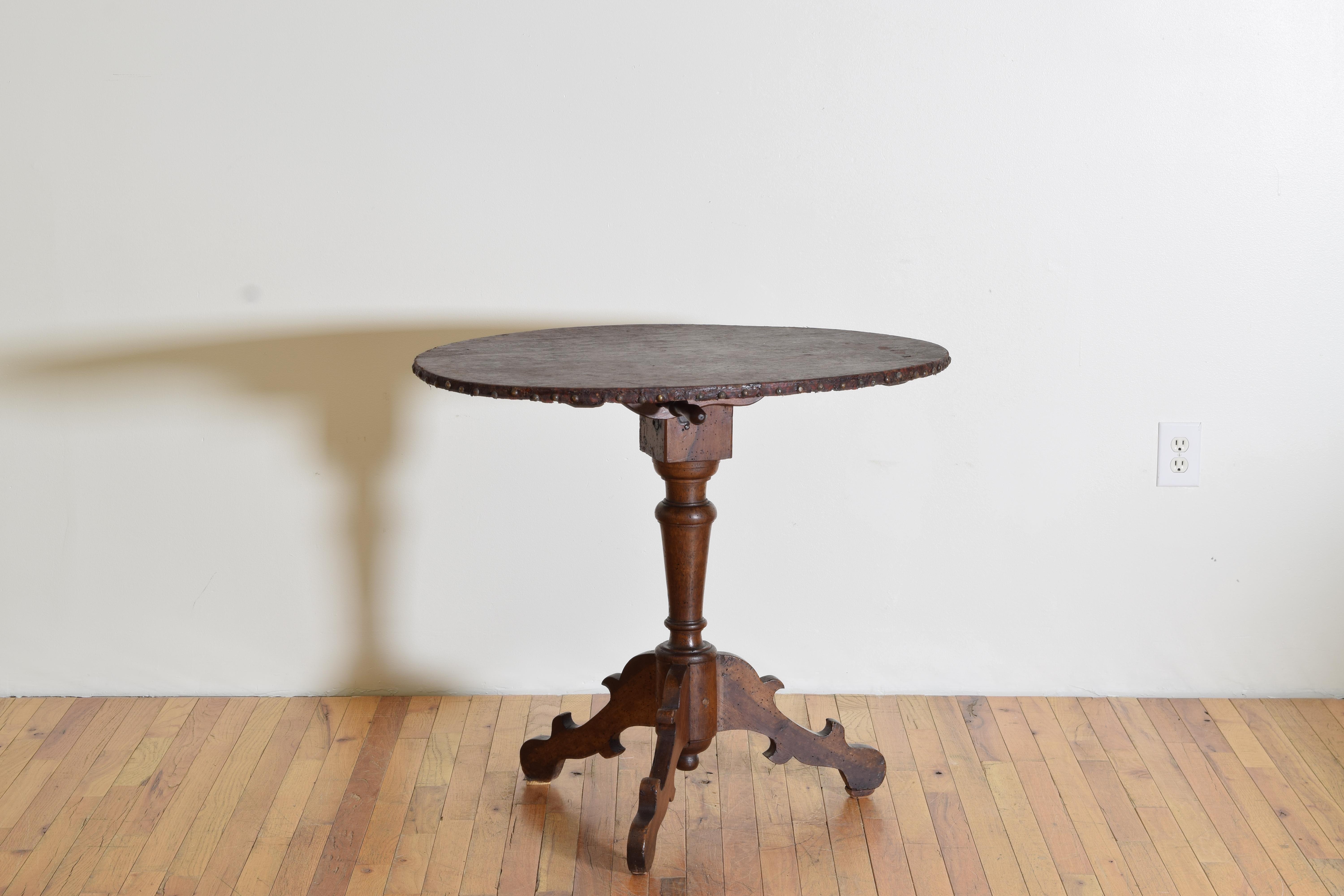 Louis XIV Near Pair Northern Italian LXIV Walnut & Embossed Canvas Tilt-Top Tables, 18cen For Sale