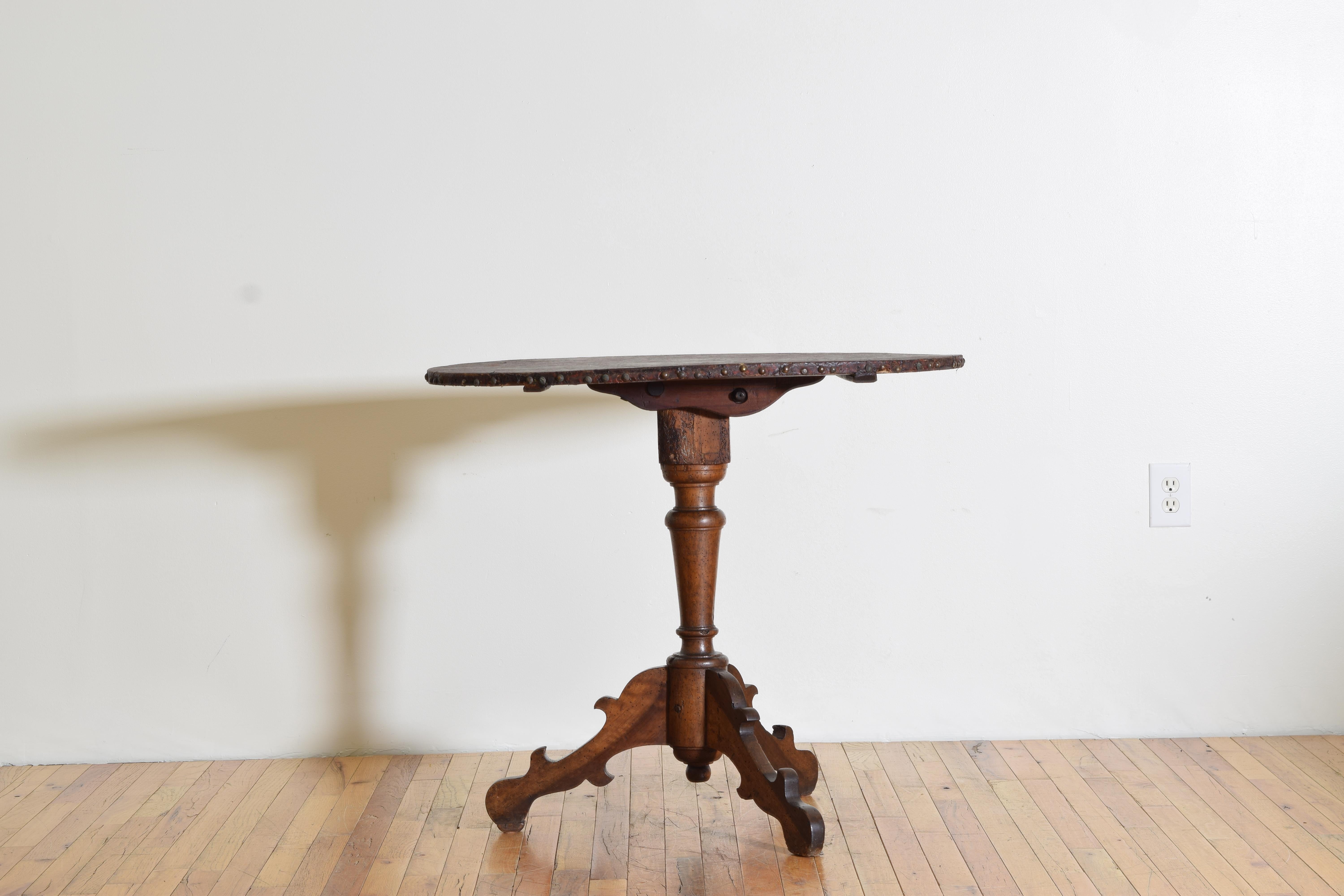 Near Pair Northern Italian LXIV Walnut & Embossed Canvas Tilt-Top Tables, 18cen In Good Condition For Sale In Atlanta, GA