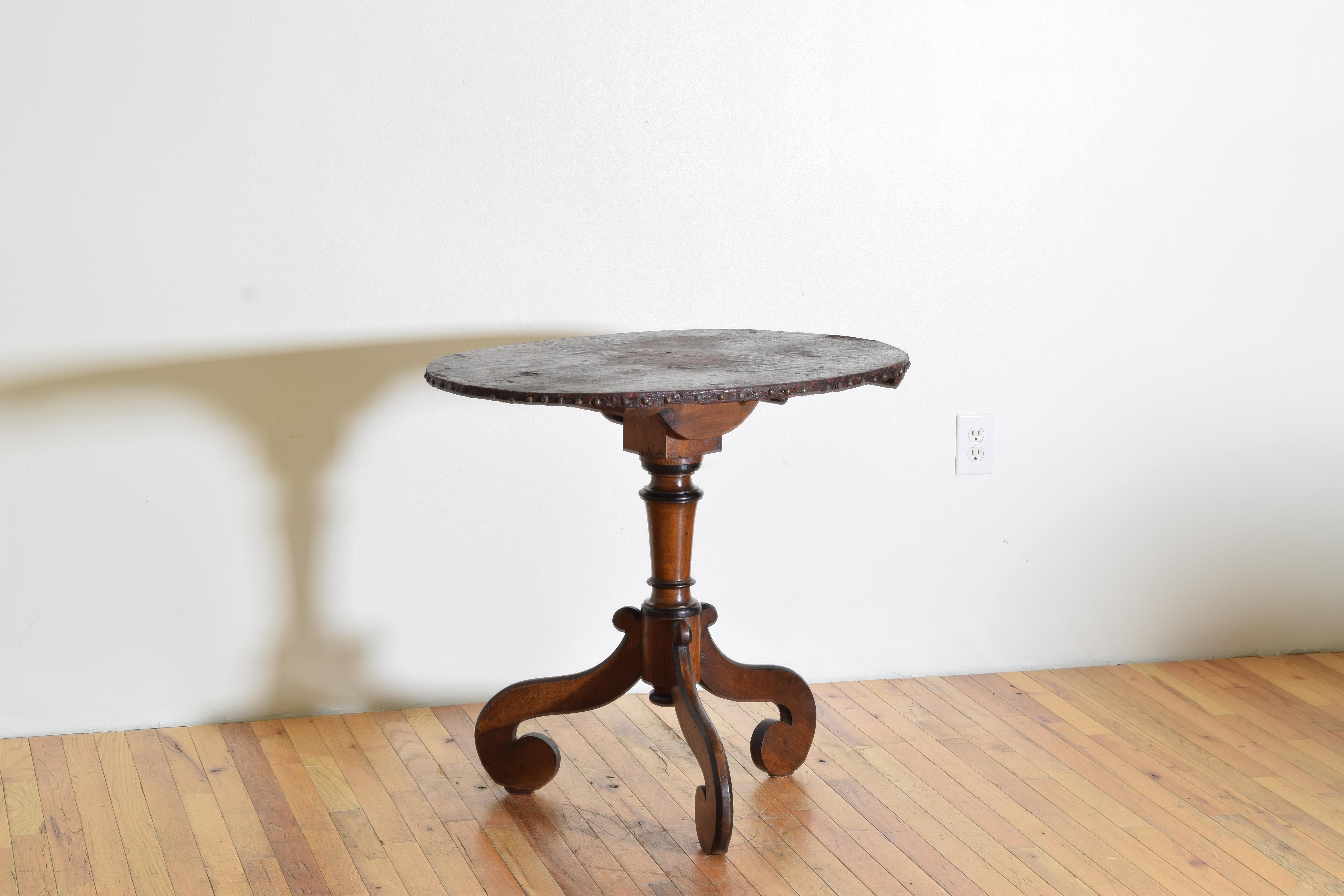 Near Pair Northern Italian LXIV Walnut & Embossed Canvas Tilt-Top Tables, 18cen For Sale 3