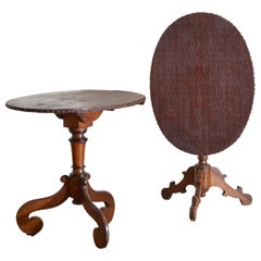 Near Pair Northern Italian LXIV Walnut & Embossed Canvas Tilt-Top Tables, 18cen