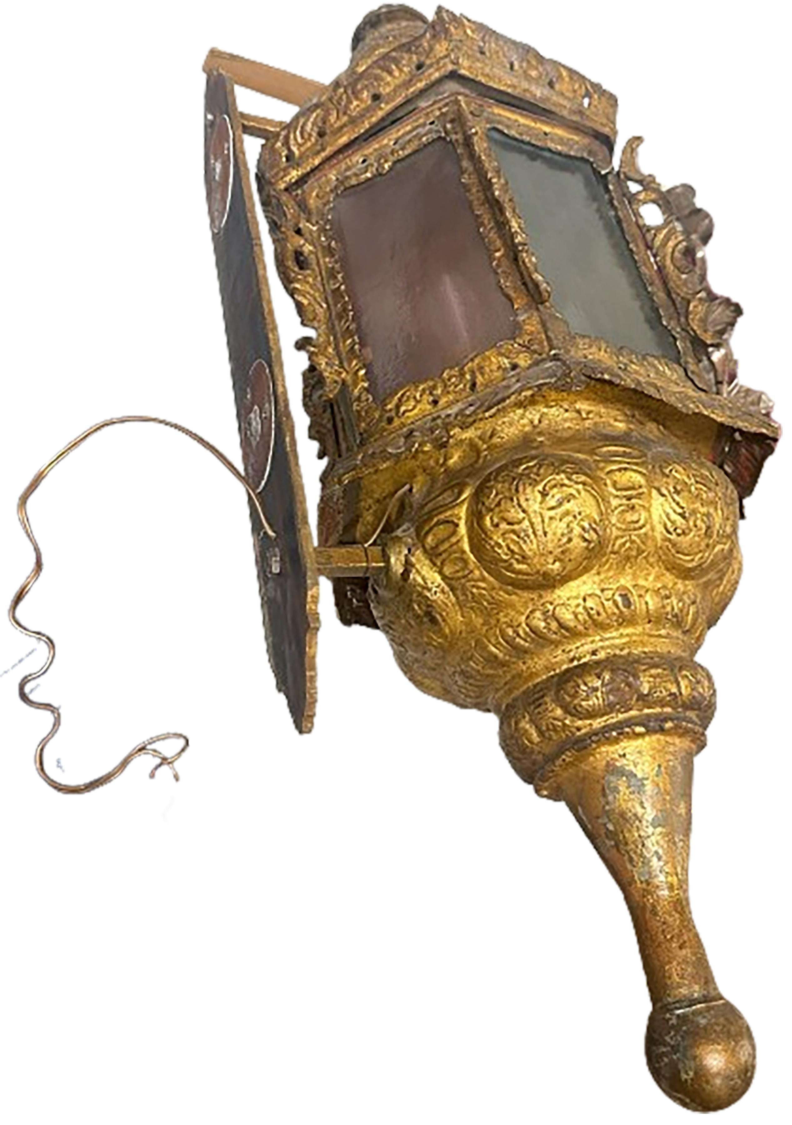 Near Pair of 17th - 18th Century Electrified Venetian Gilt Metal Lantern Sconces For Sale 8