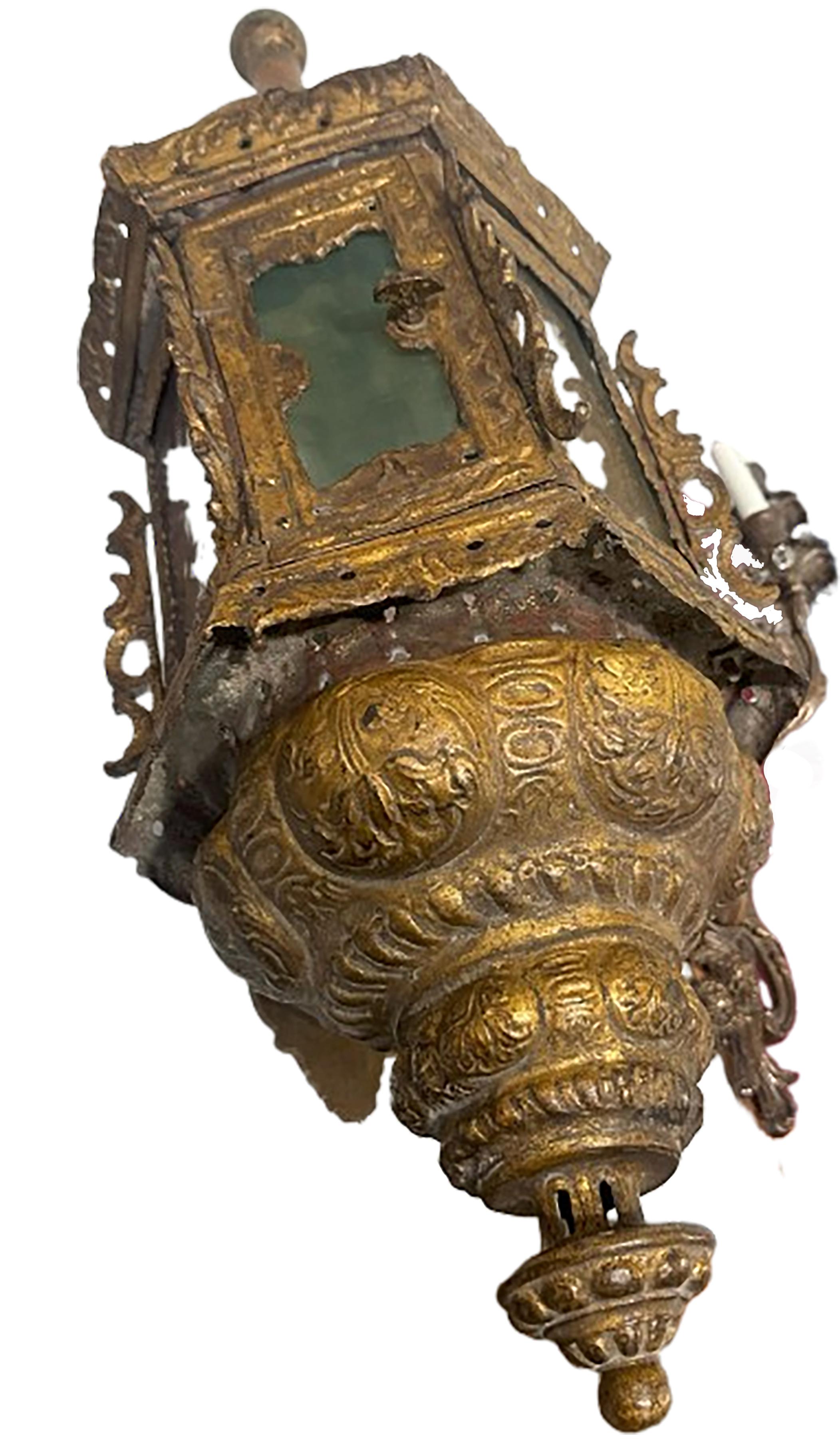 Near Pair of 17th - 18th Century Electrified Venetian Gilt Metal Lantern Sconces In Good Condition For Sale In Dallas, TX