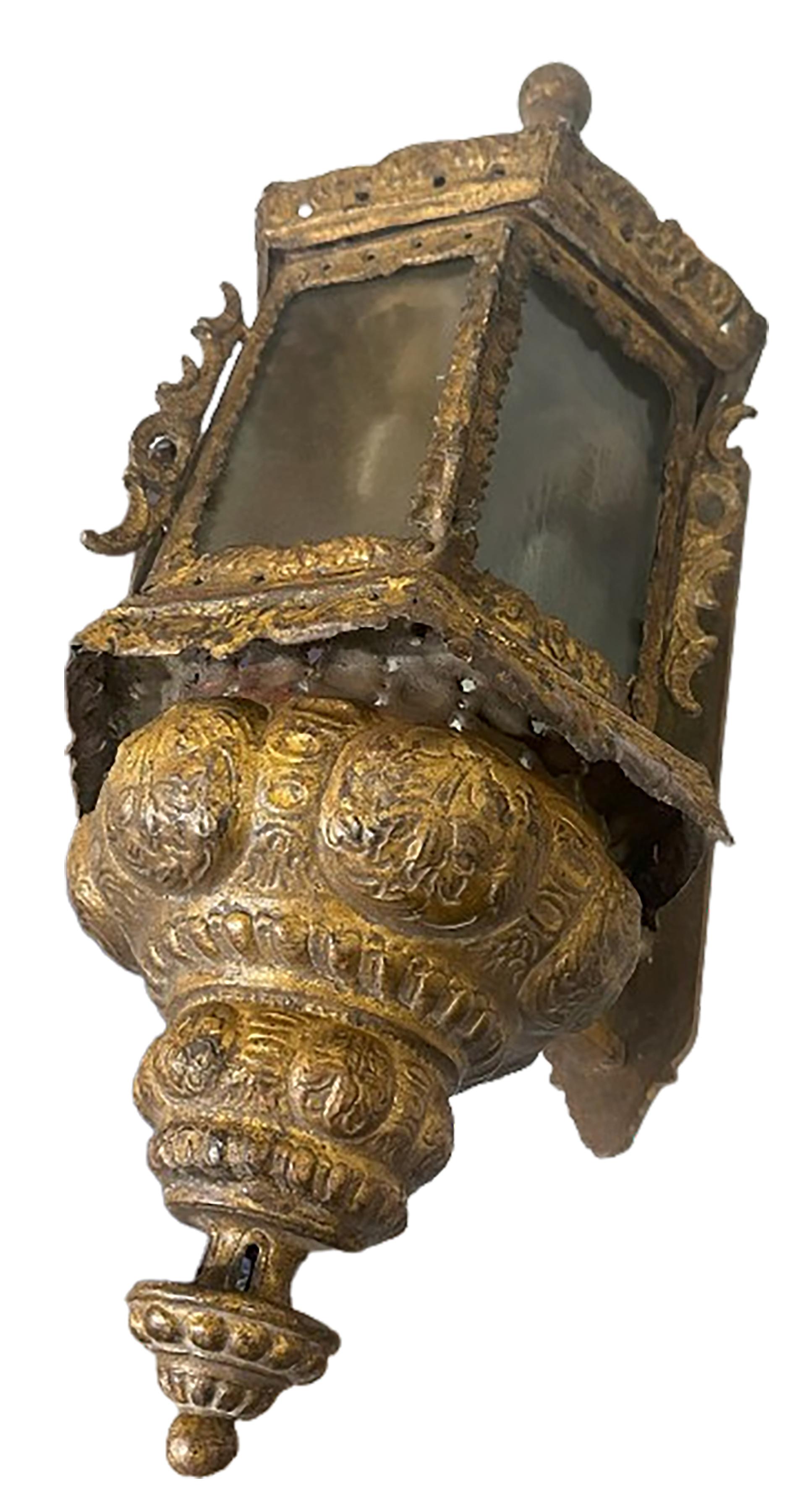 Near Pair of 17th - 18th Century Electrified Venetian Gilt Metal Lantern Sconces For Sale 1