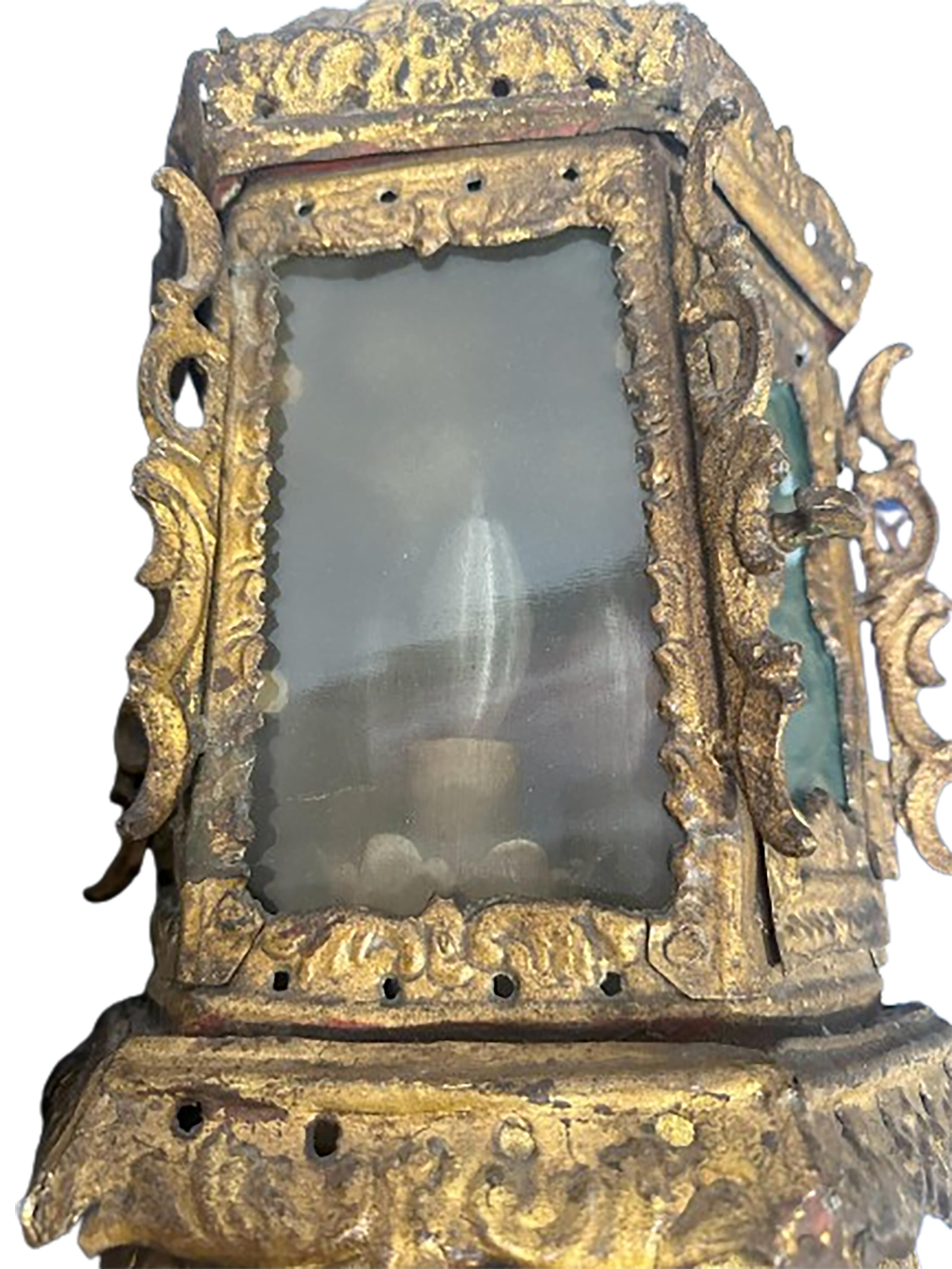 Near Pair of 17th - 18th Century Electrified Venetian Gilt Metal Lantern Sconces For Sale 6