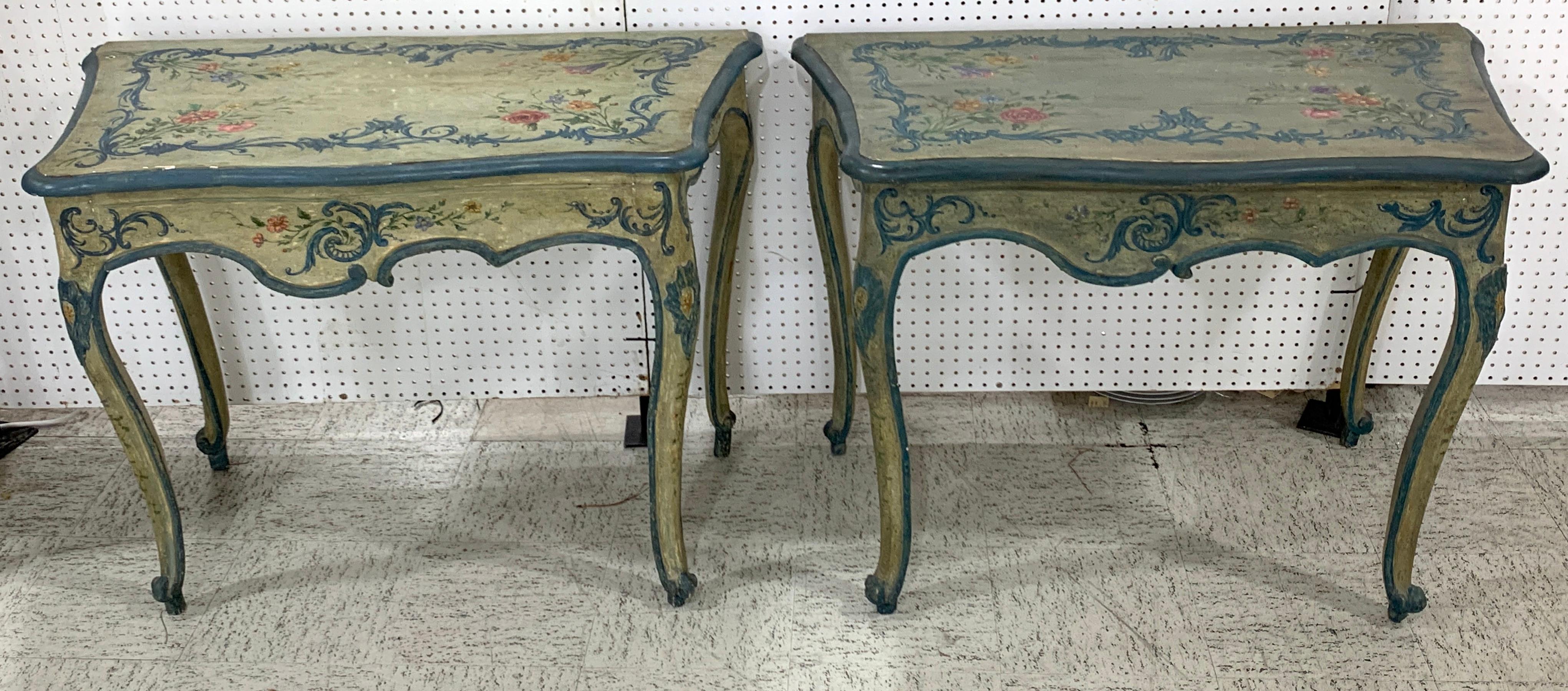 Near pair of 18th-19th century painted Italian console tables each one finely painted with sprays of flowers, raised on slight cabriole legs. One is a shade darker.
Sold individually, please specify lighter or darker
Provenance:
Personal Property