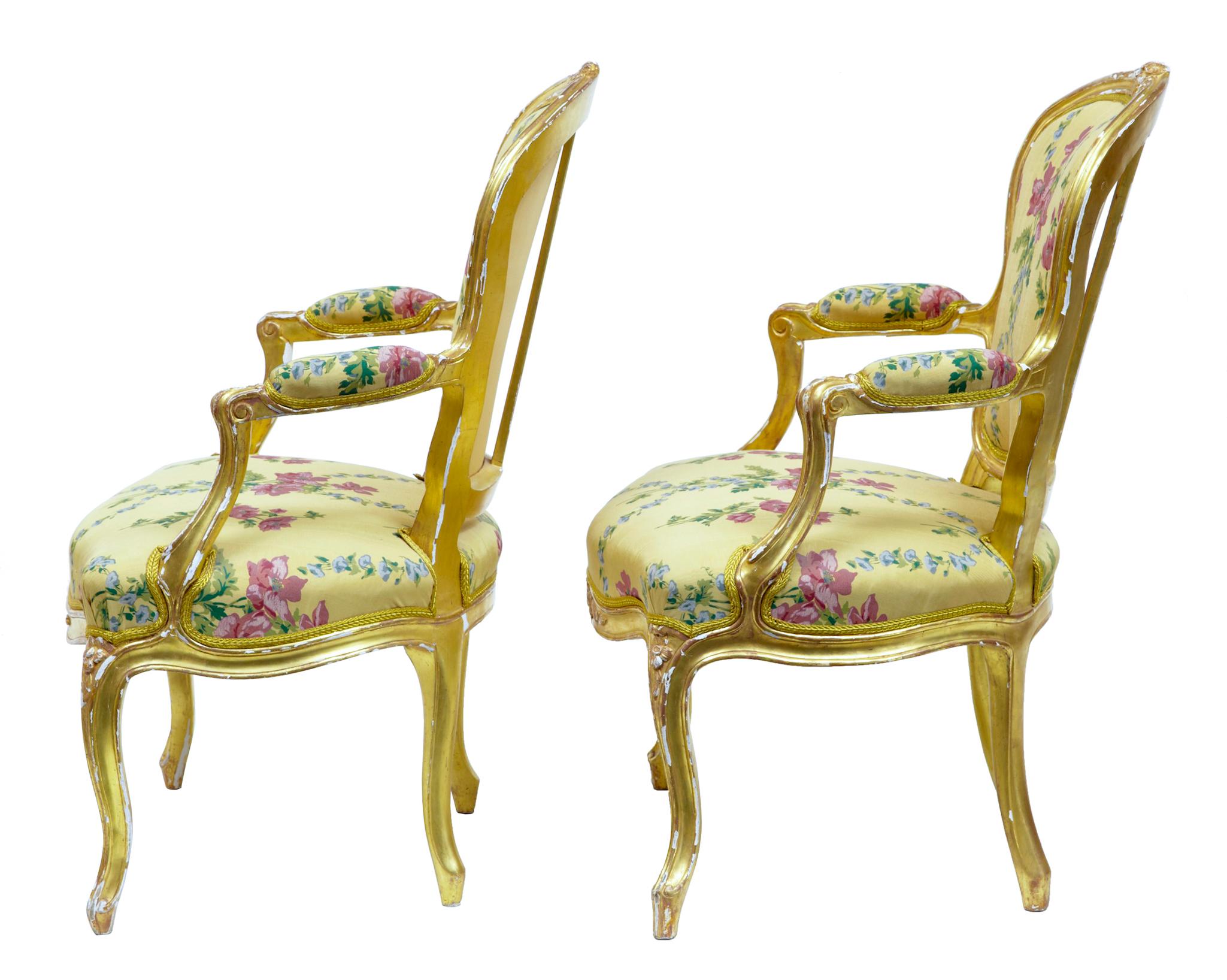 French Near Pair of 18th Century Louis XV Gilt Armchairs by Michard