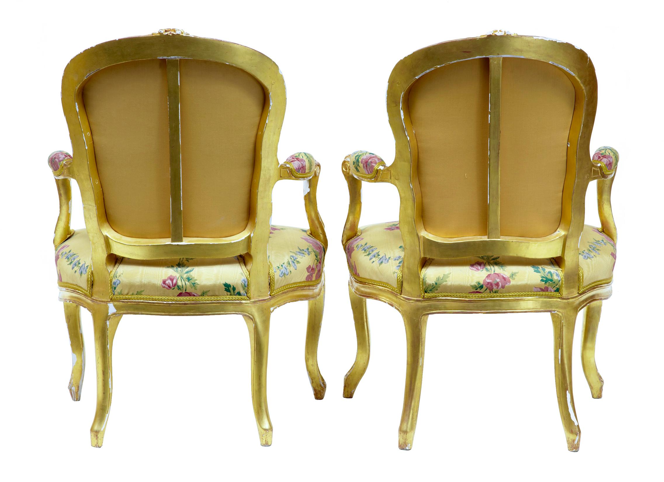 Near Pair of 18th Century Louis XV Gilt Armchairs by Michard In Good Condition In Debenham, Suffolk