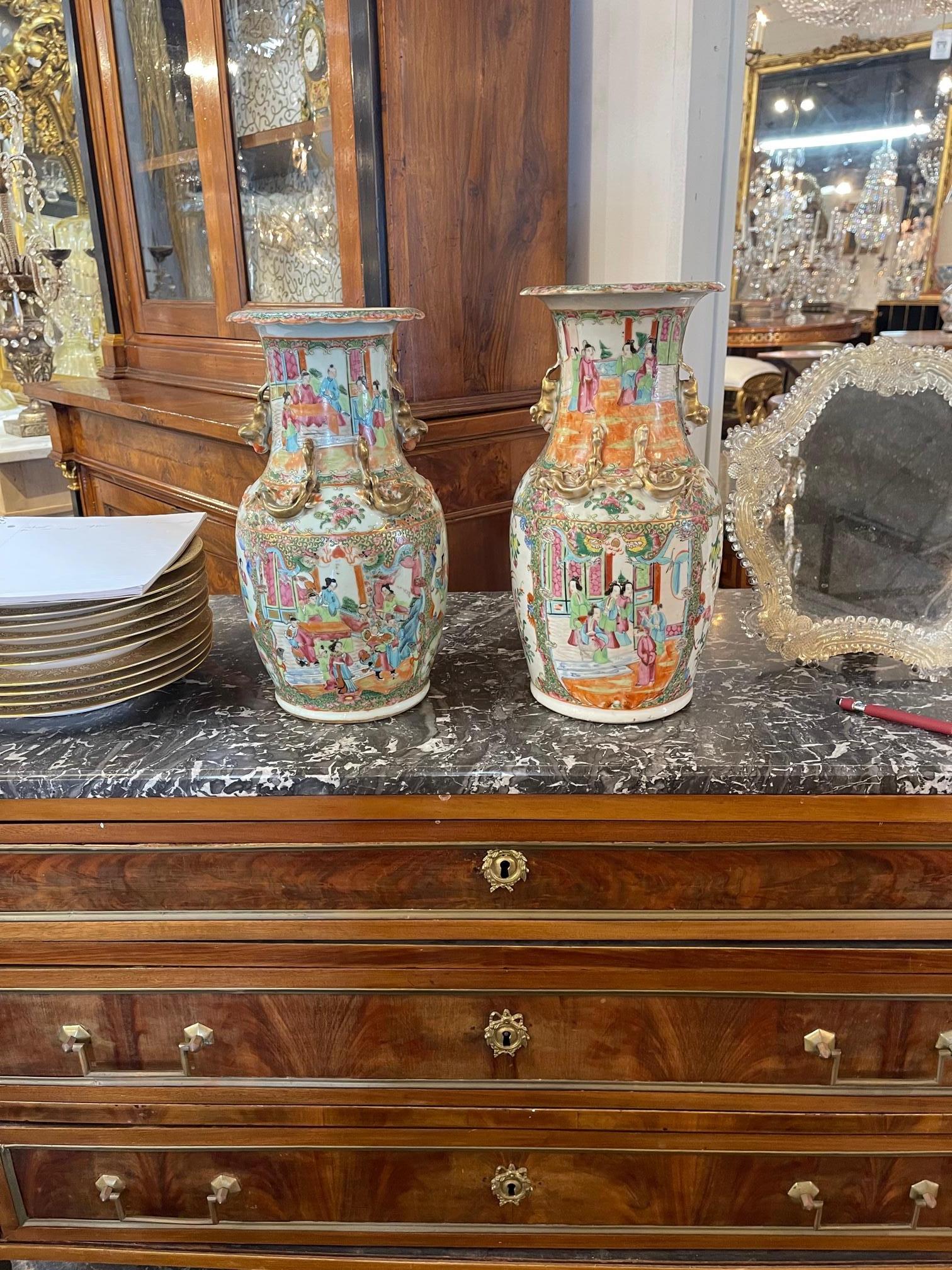 Near pair of 19th c. Chinese rose medallion vases Circa 1860. These are in beautiful condition.