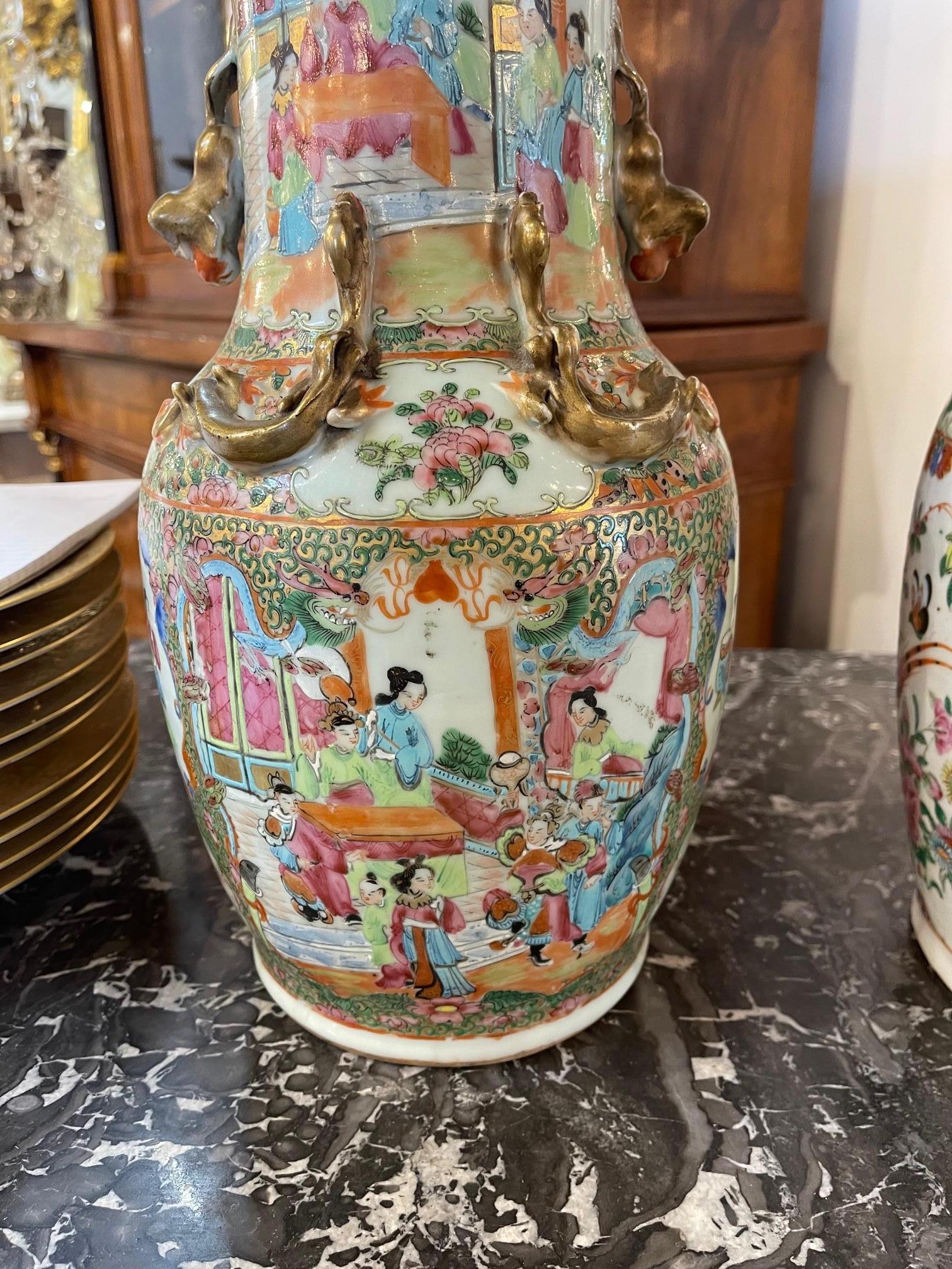 Near Pair of 19th C. Chinese Rose Medallion Vases In Good Condition In Dallas, TX