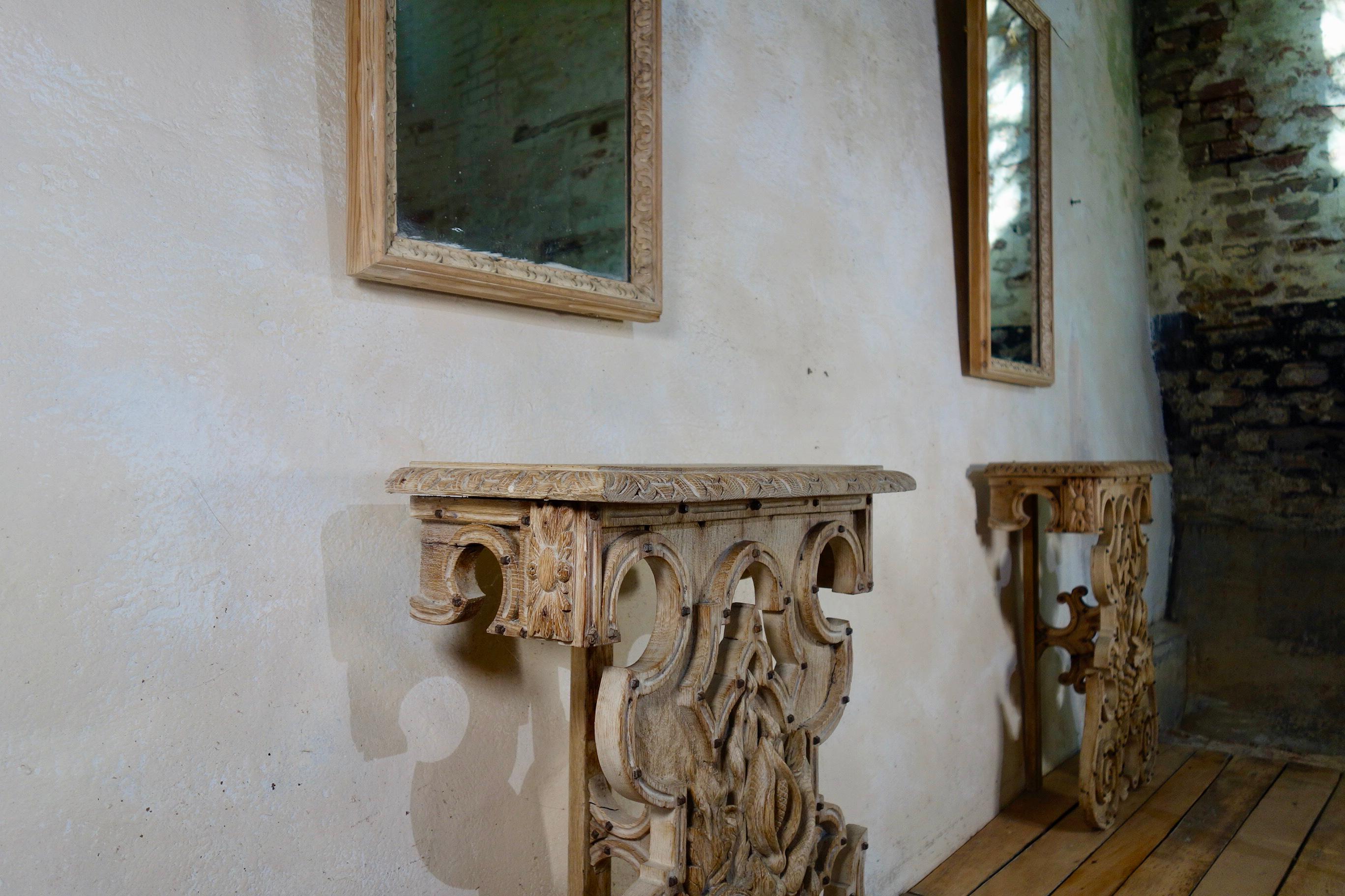 European Near Pair of 19th Century Bleached Oak Continental Console Tables, Pier Mirrors