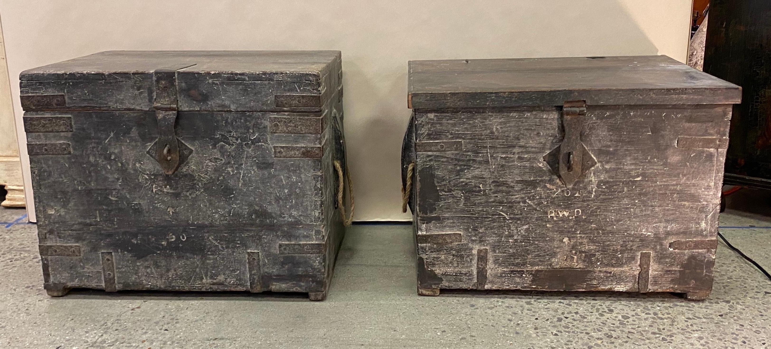 Near Pair of 19th Century British Colonial Teak Munitions Trunks as Side Tables In Good Condition In Charleston, SC