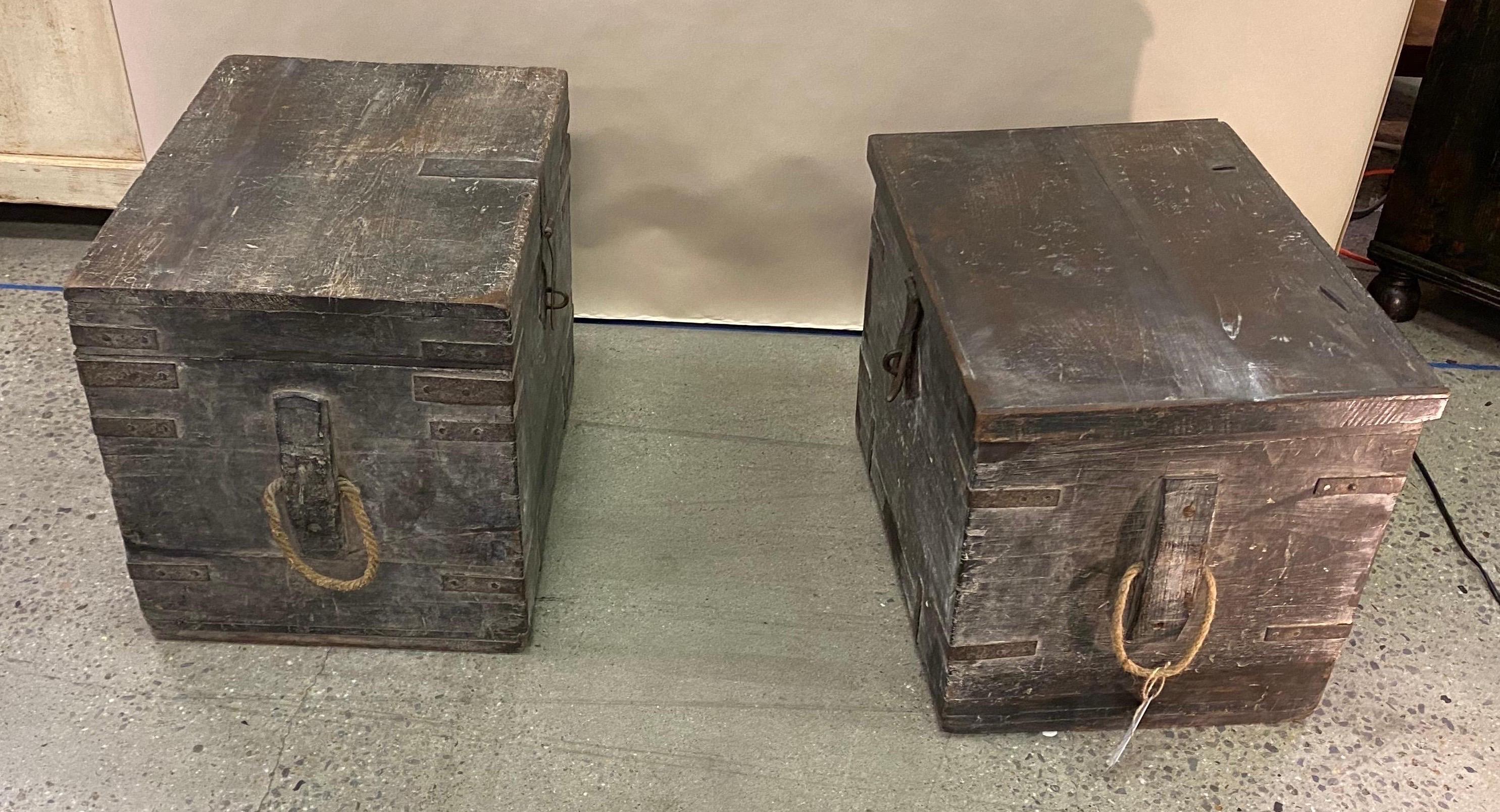 Near Pair of 19th Century British Colonial Teak Munitions Trunks as Side Tables 1