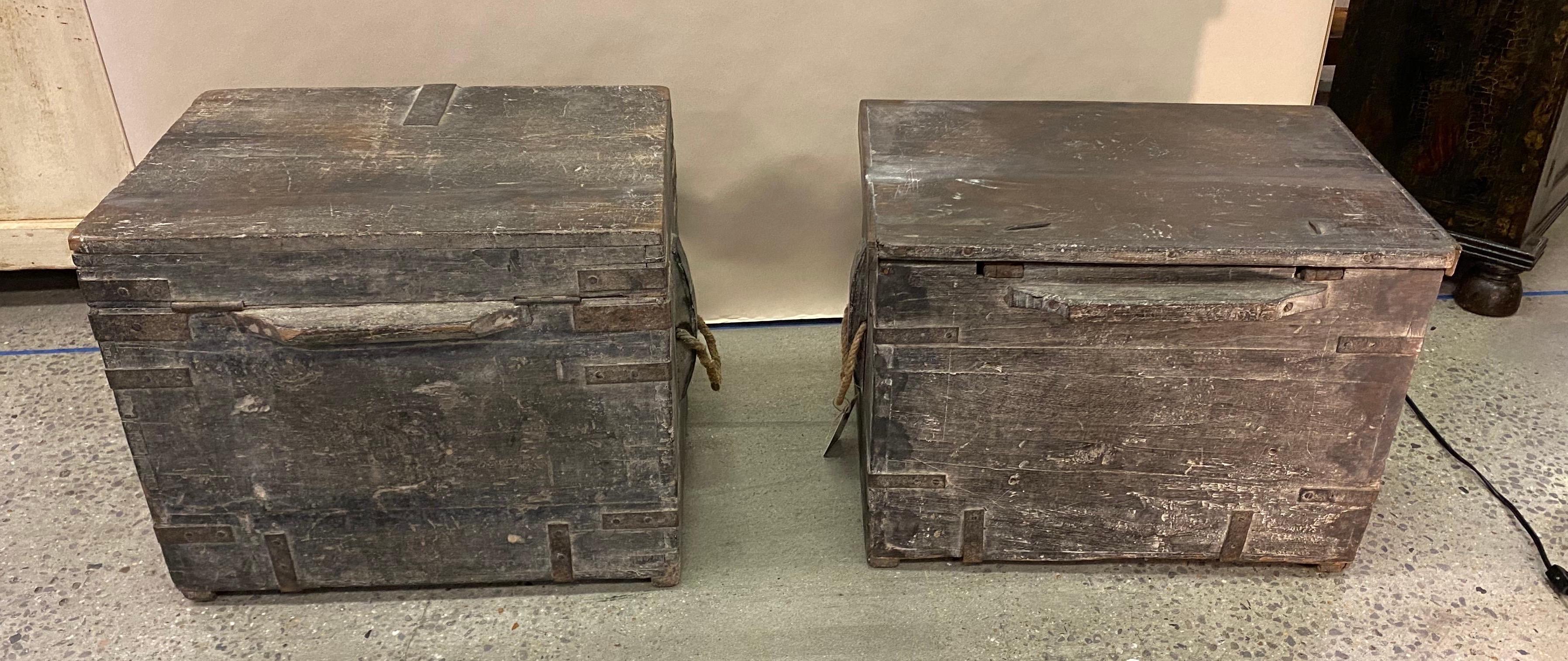 Near Pair of 19th Century British Colonial Teak Munitions Trunks as Side Tables 2