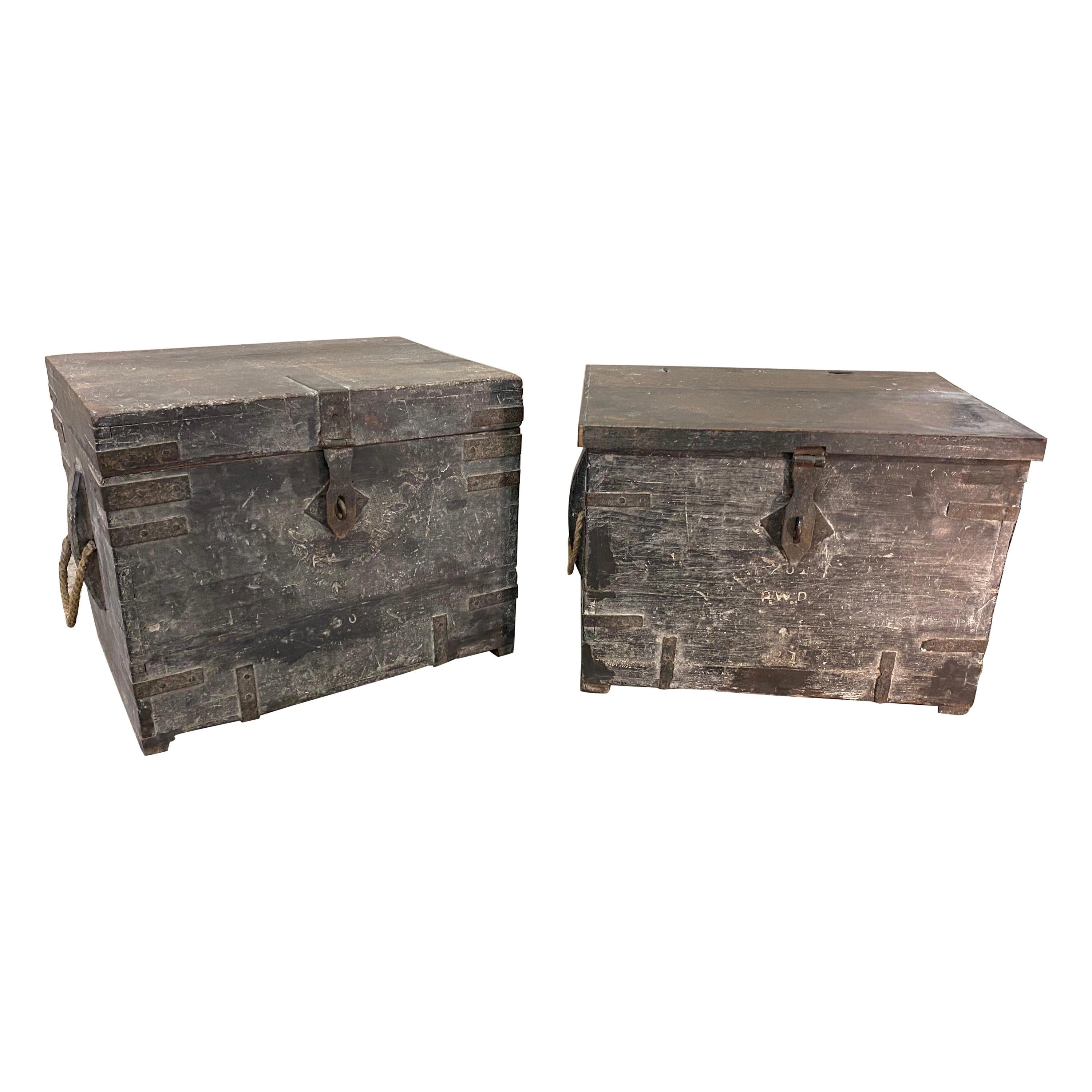 Near Pair of 19th Century British Colonial Teak Munitions Trunks as Side Tables