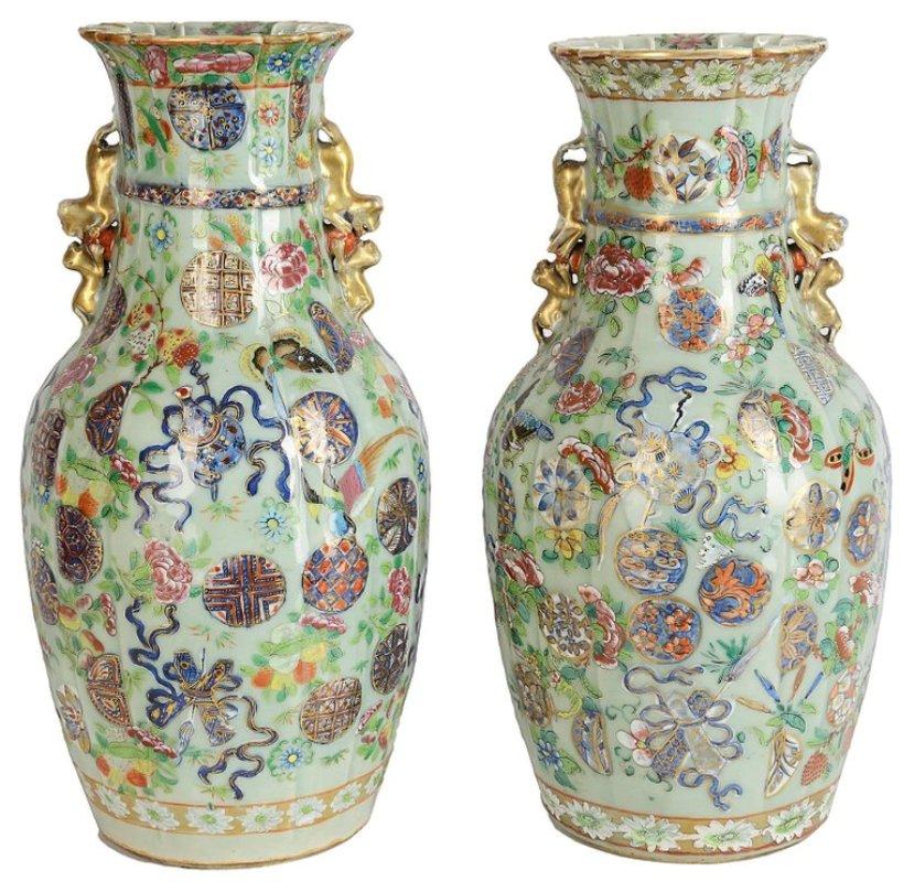 A good quality near pair of 19th Century Chinese Celadon / Rose medallion vases / lamps. Having a pleated form to the necks and body, gilded dog of faux handles to both. Classical motif, ribbon and floral decoration.