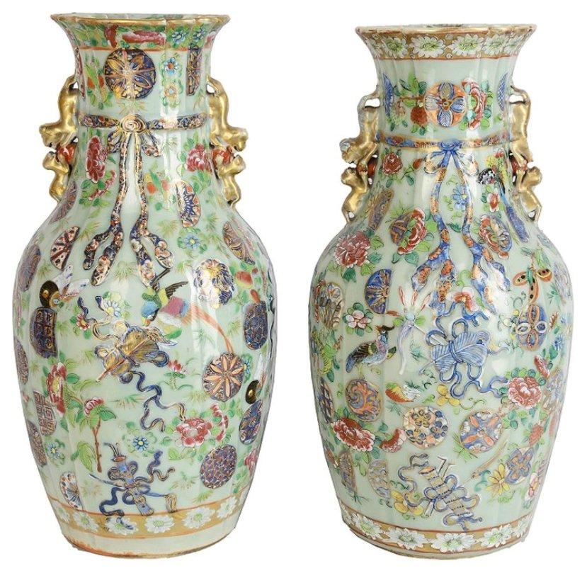 Chinese Export Near Pair of 19th Century Chinese Celadon/Rose Medallion Vases/Lamps