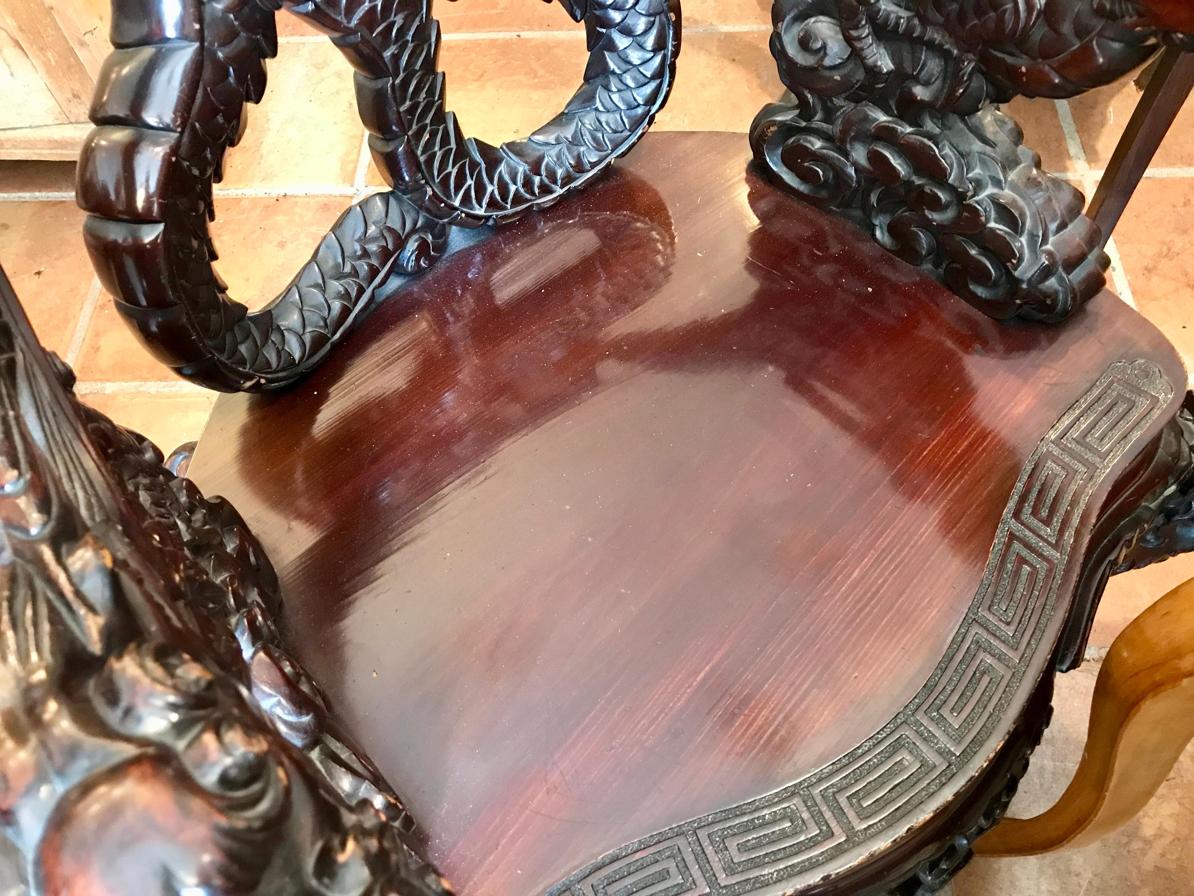 Hand-Carved Near Pair of 19th Century Chinese Dragon Chairs