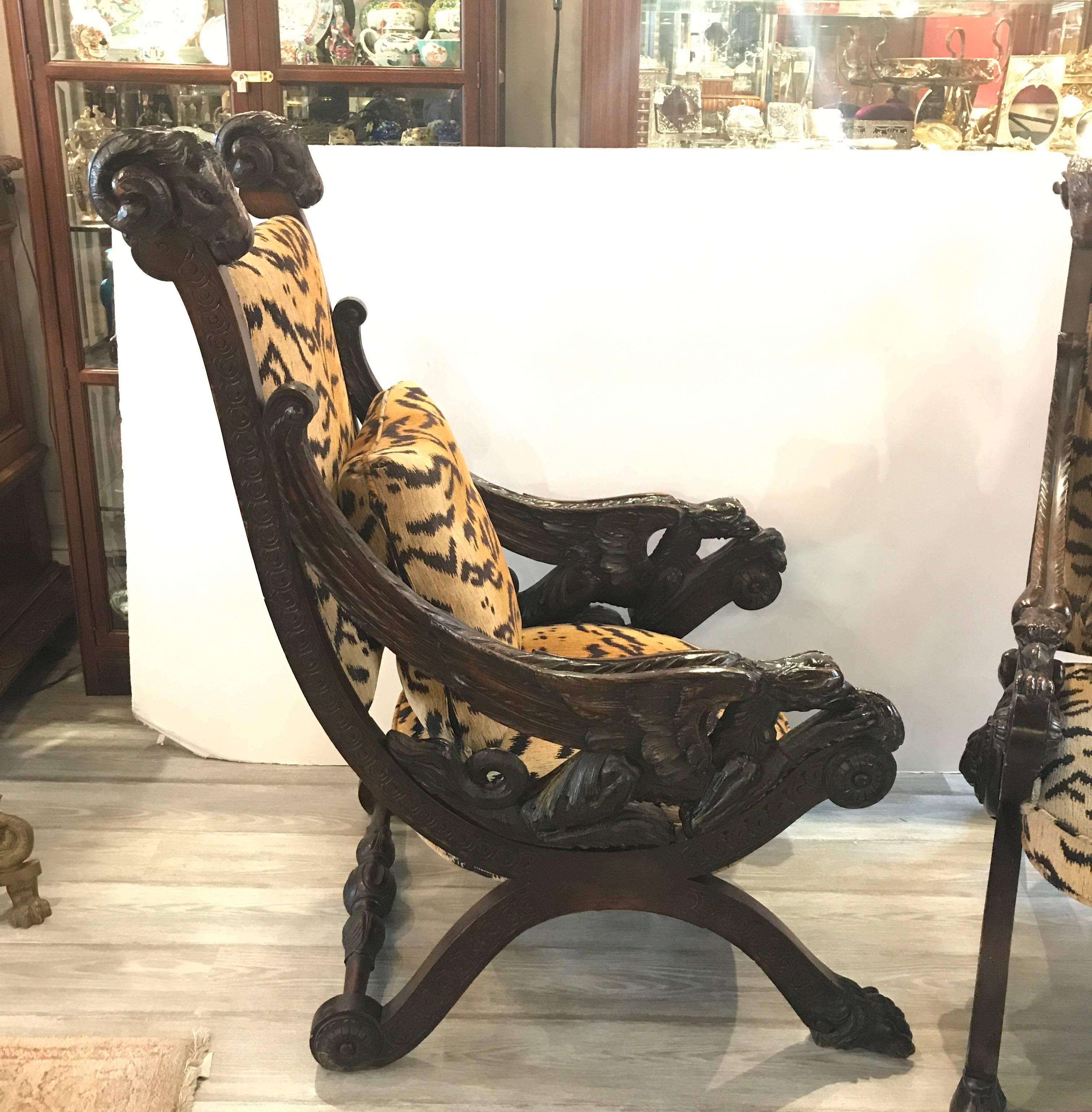 Near Pair of 19th Century Heavily Carved Italian Renaissance Style Throne Chairs In Excellent Condition In Lambertville, NJ