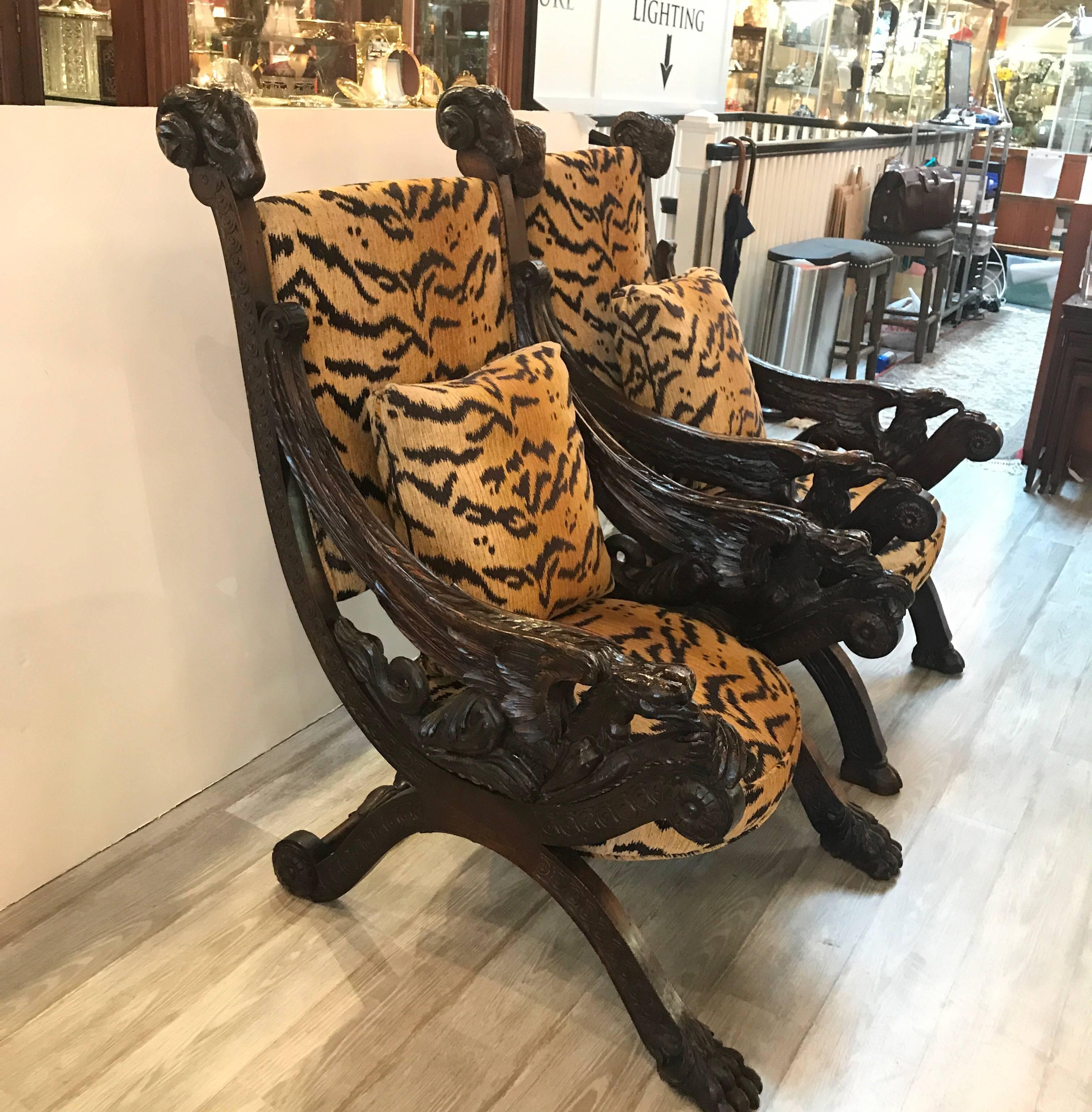 Walnut Near Pair of 19th Century Heavily Carved Italian Renaissance Style Throne Chairs