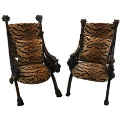 Near Pair of 19th Century Heavily Carved Italian Renaissance Style Throne Chairs