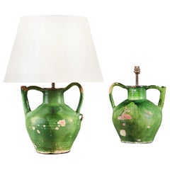 Antique Near Pair of 20th Century French Green Glaze Pitchers as Table Lamps