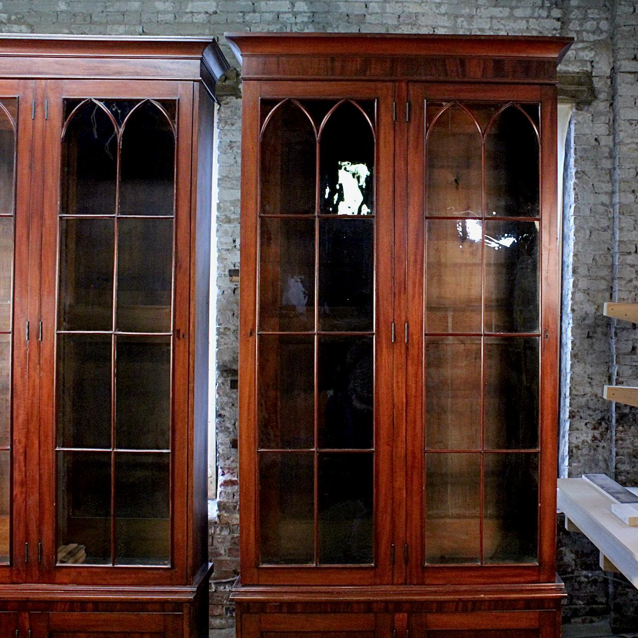 Near Pair of 9' Georgian Style Mütter Museum Mahogany Library Display Cabinets 1