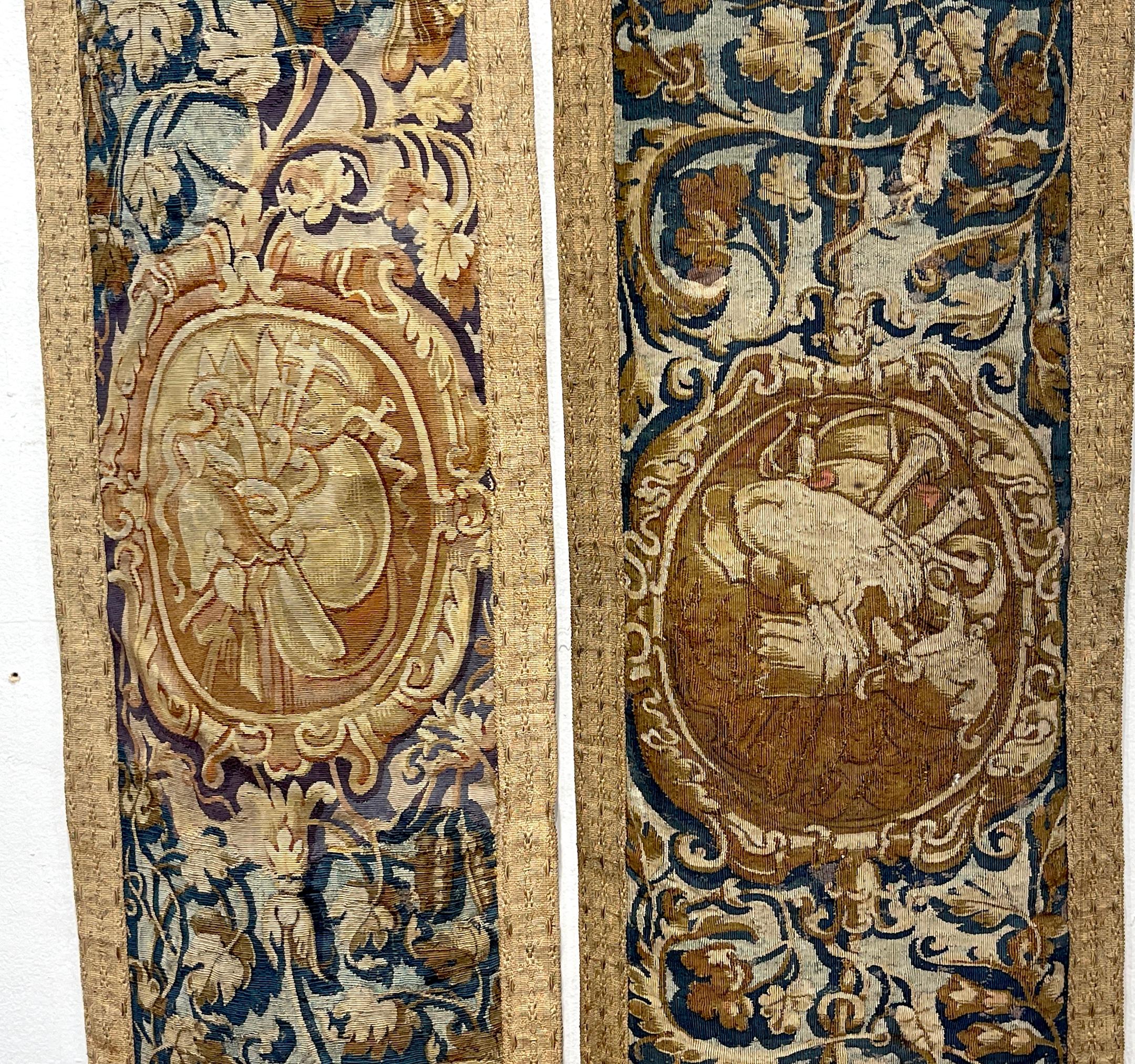 Renaissance Near Pair of Antique 17th C. Belgium Flemish Tapestry Portière (Border) Panels
