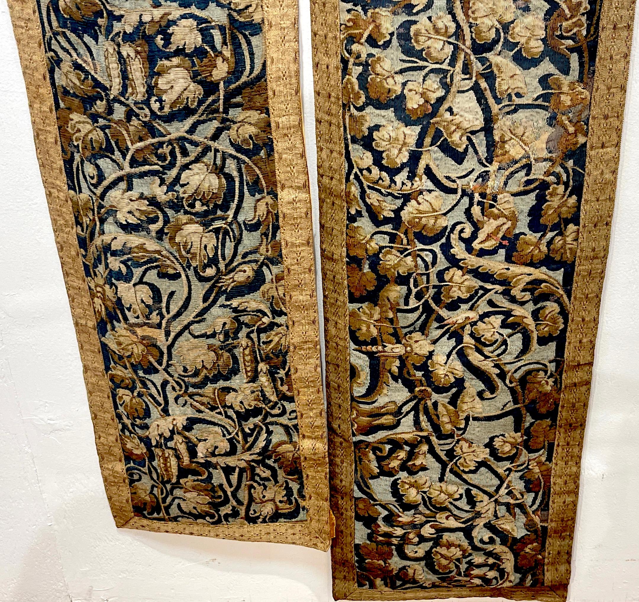 French Near Pair of Antique 17th C. Belgium Flemish Tapestry Portière (Border) Panels