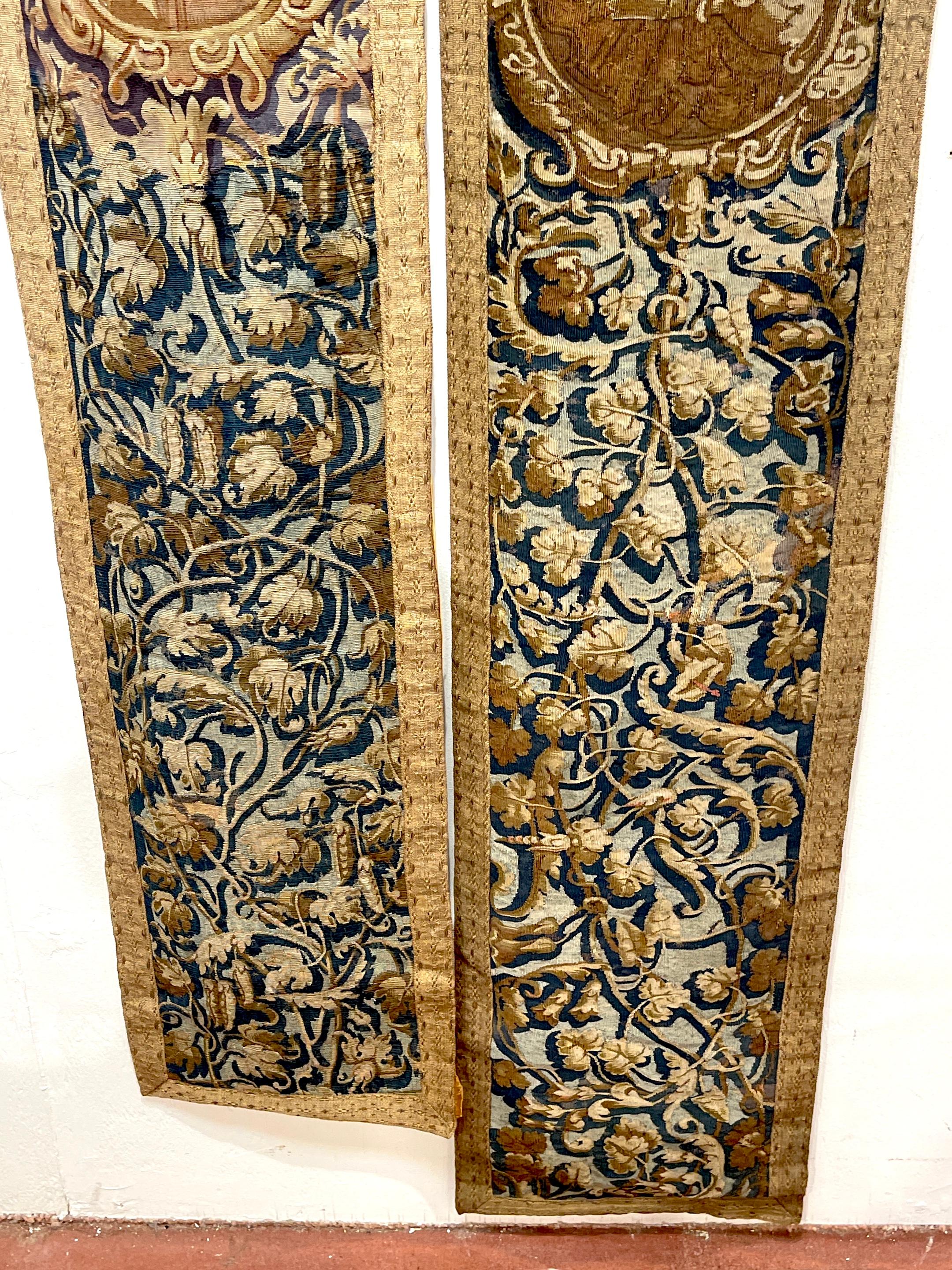 Hand-Woven Near Pair of Antique 17th C. Belgium Flemish Tapestry Portière (Border) Panels For Sale