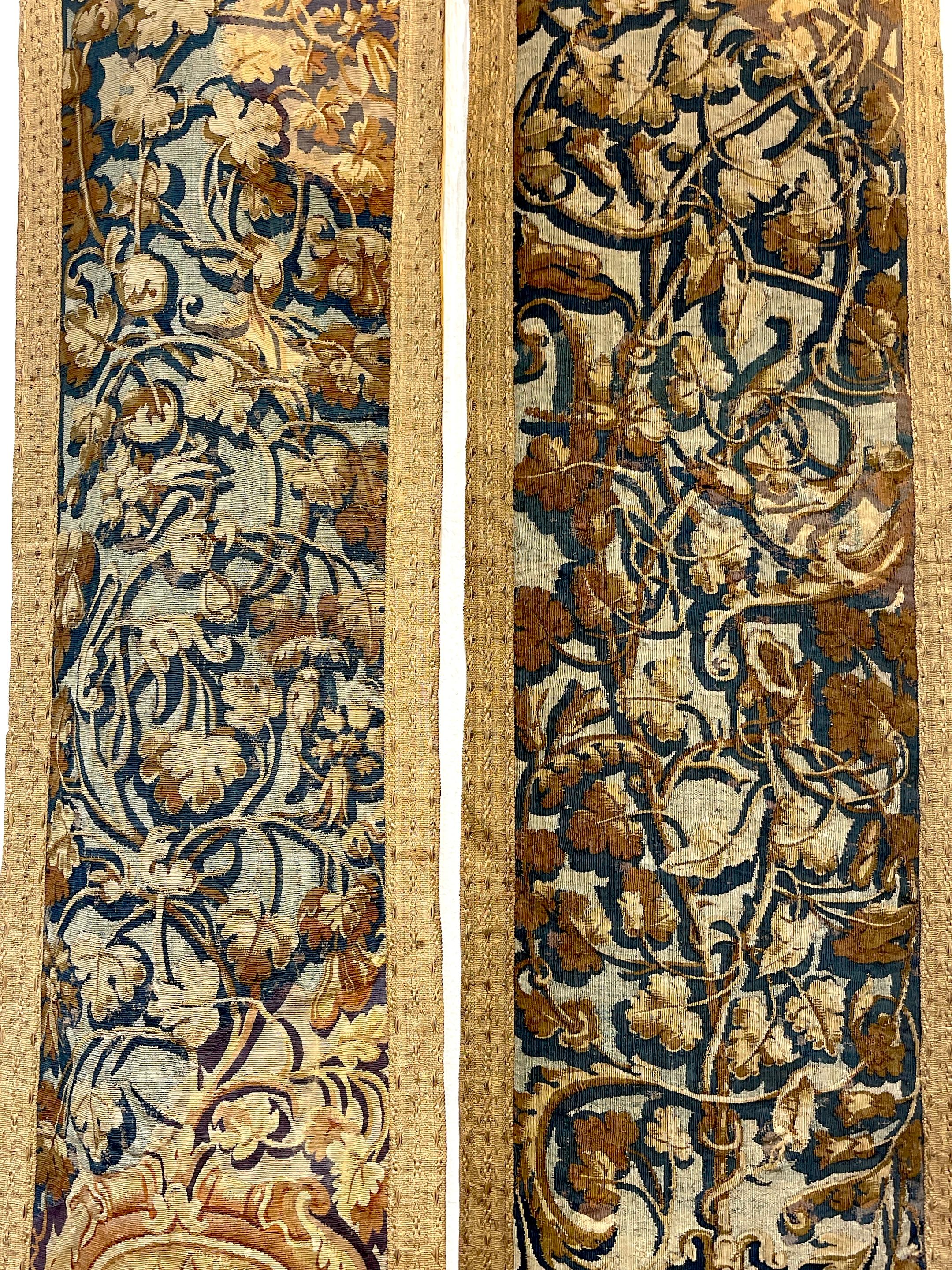 17th Century Near Pair of Antique 17th C. Belgium Flemish Tapestry Portière (Border) Panels For Sale