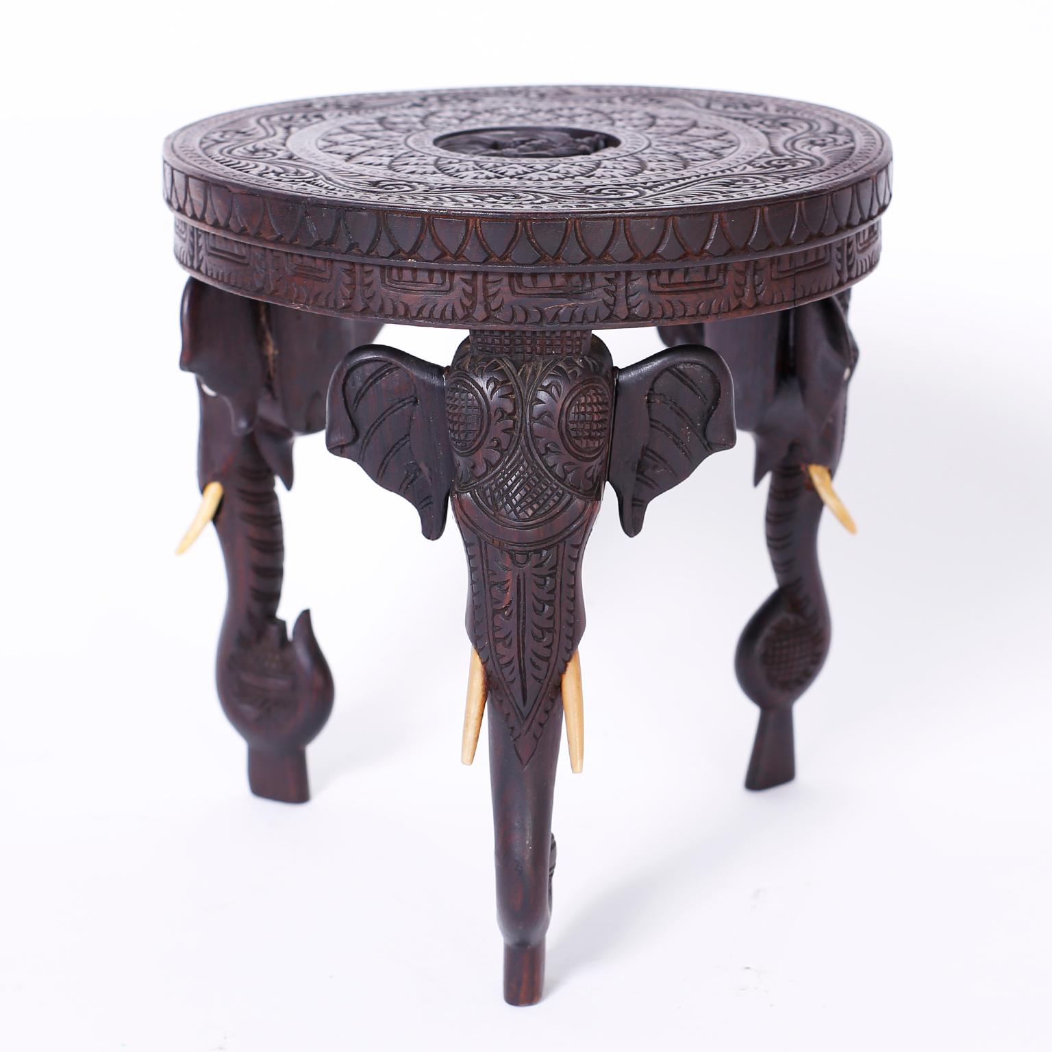 Mahogany Near Pair of Antique Anglo Indian Petite Stands with Elephants For Sale