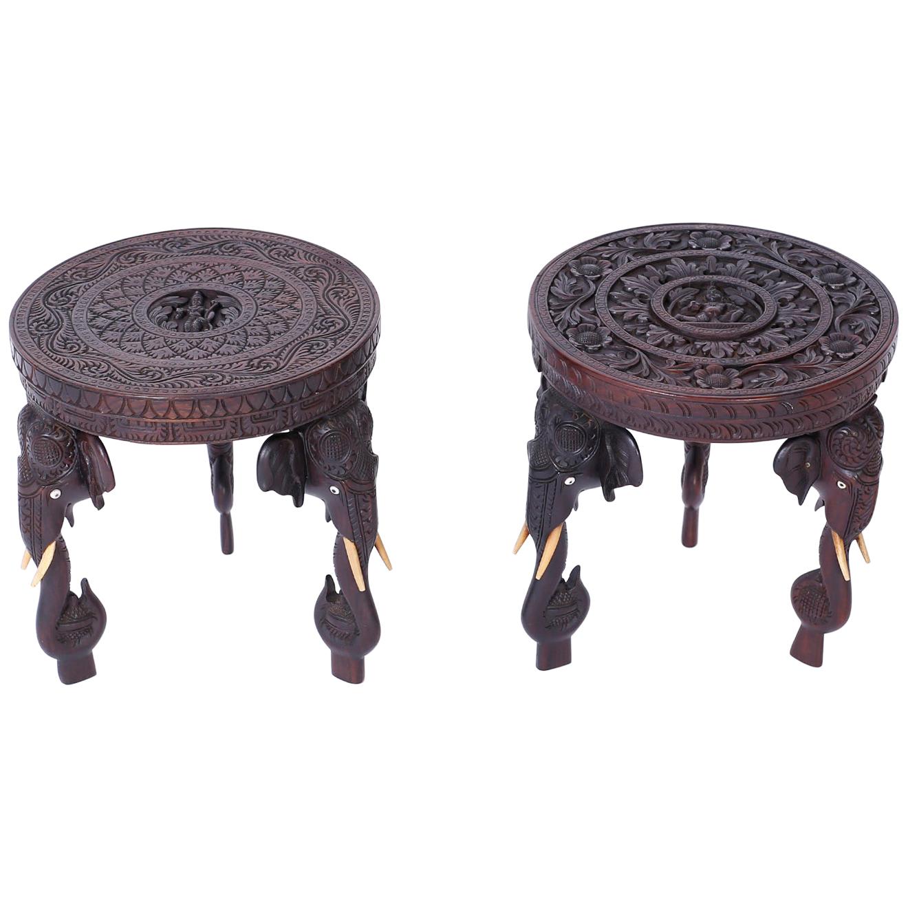 Near Pair of Antique Anglo Indian Petite Stands with Elephants For Sale