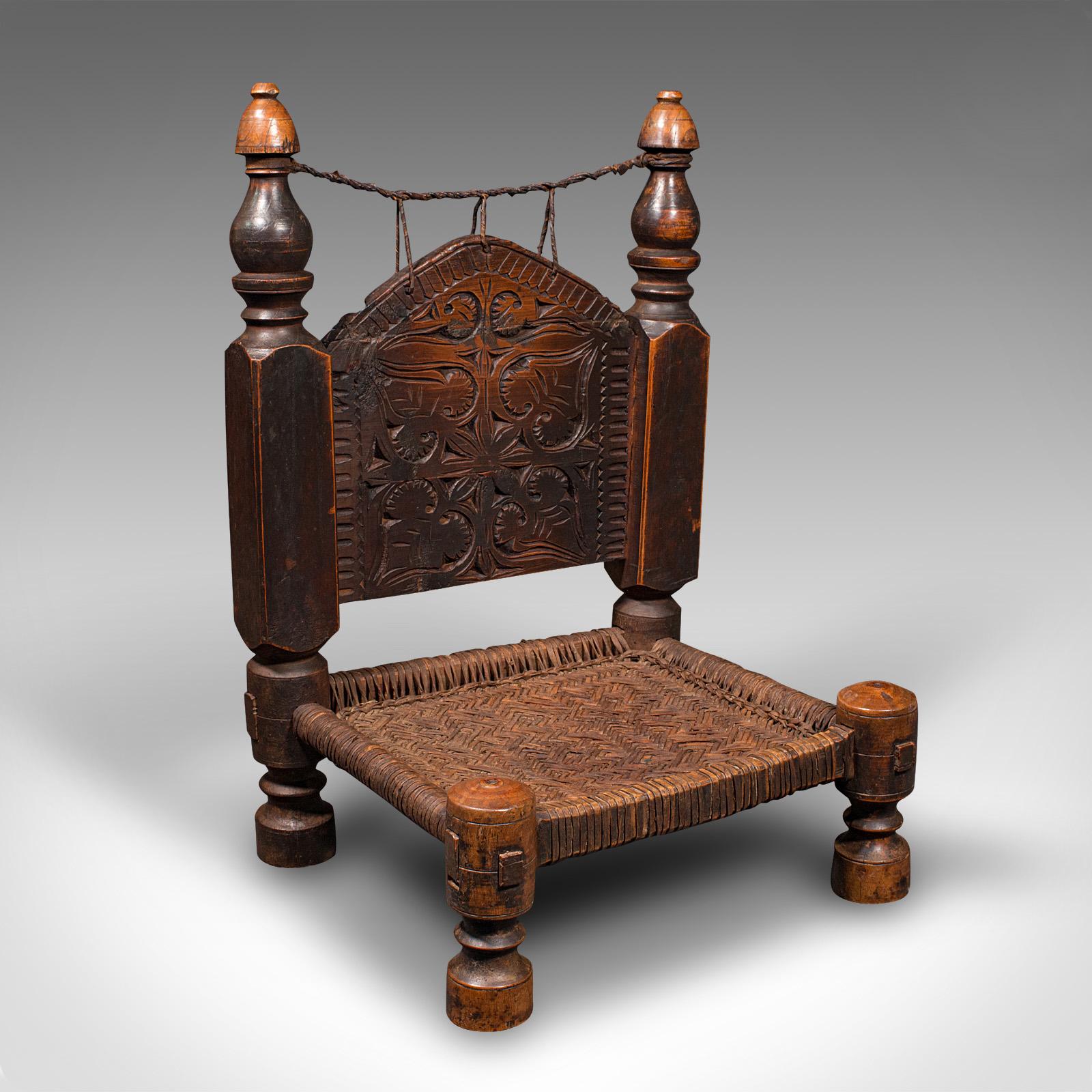 Leather Near Pair of Antique Carved Temple Chairs, Burmese, Decor, Colonial, Victorian For Sale