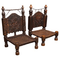 Near Pair of Antique Carved Temple Chairs, Burmese, Decor, Colonial, Victorian