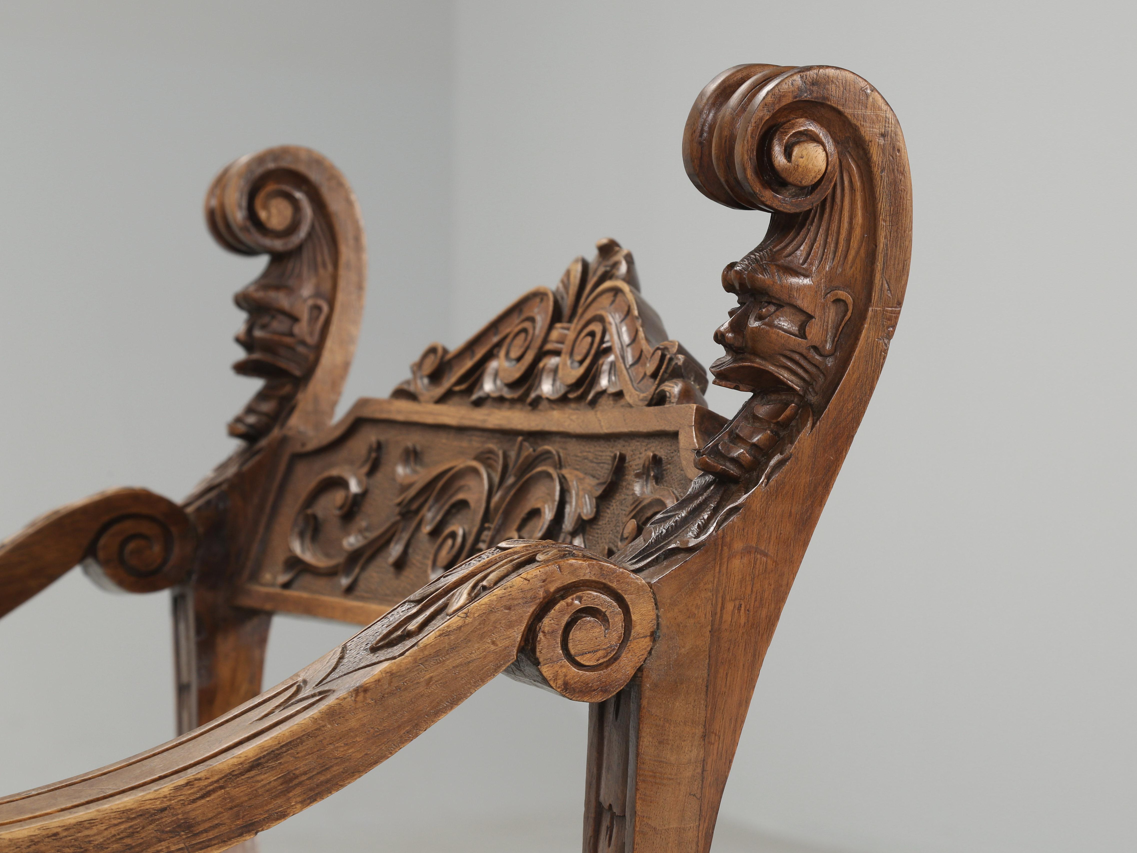 Hand-Carved Near Pair of Antique French Dagobert Solid Walnut Arm Chairs from Late 1800's